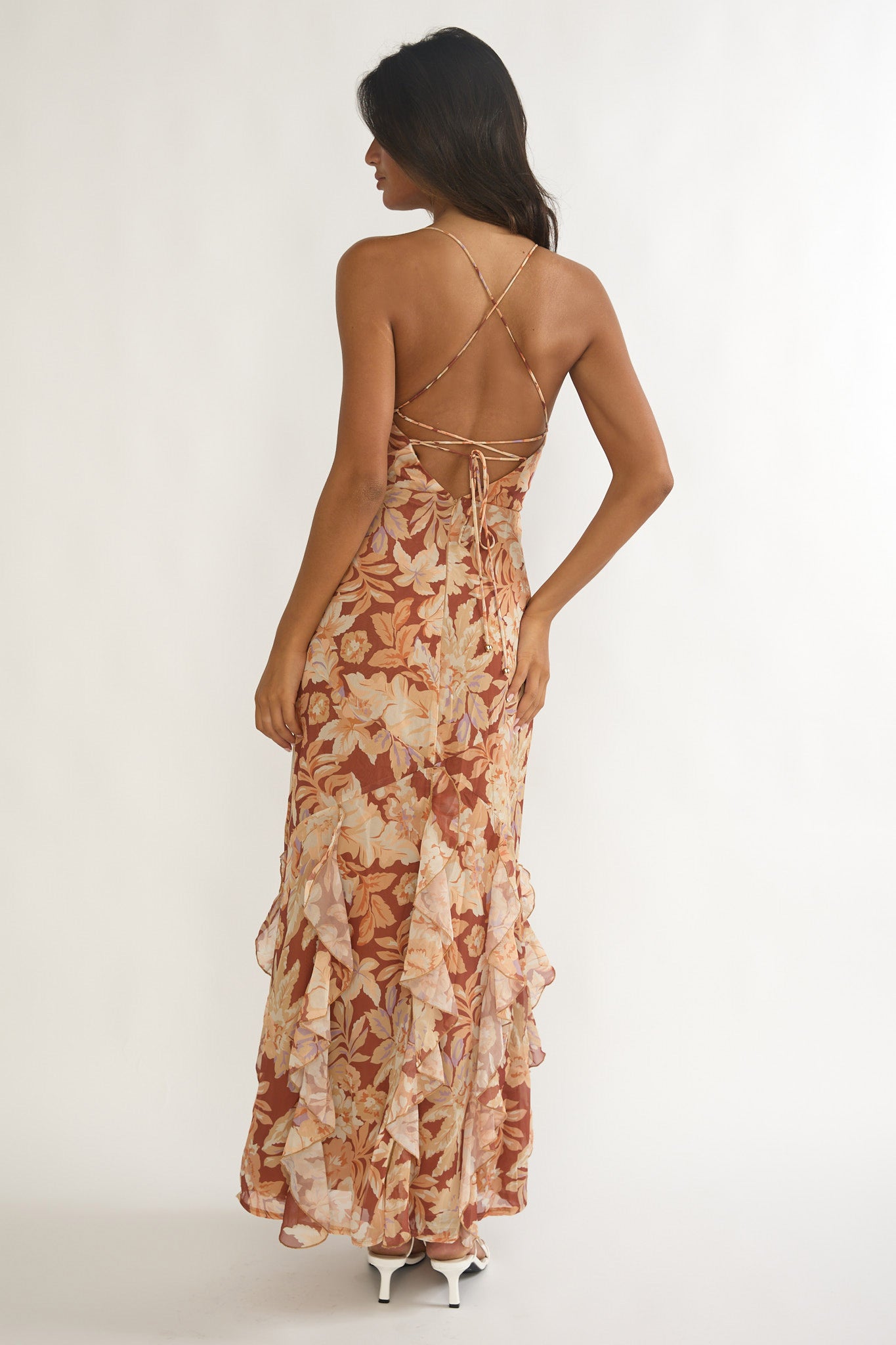Charlisa Strappy Back Ruffle Maxi Dress Floral Yellow-Maymioy