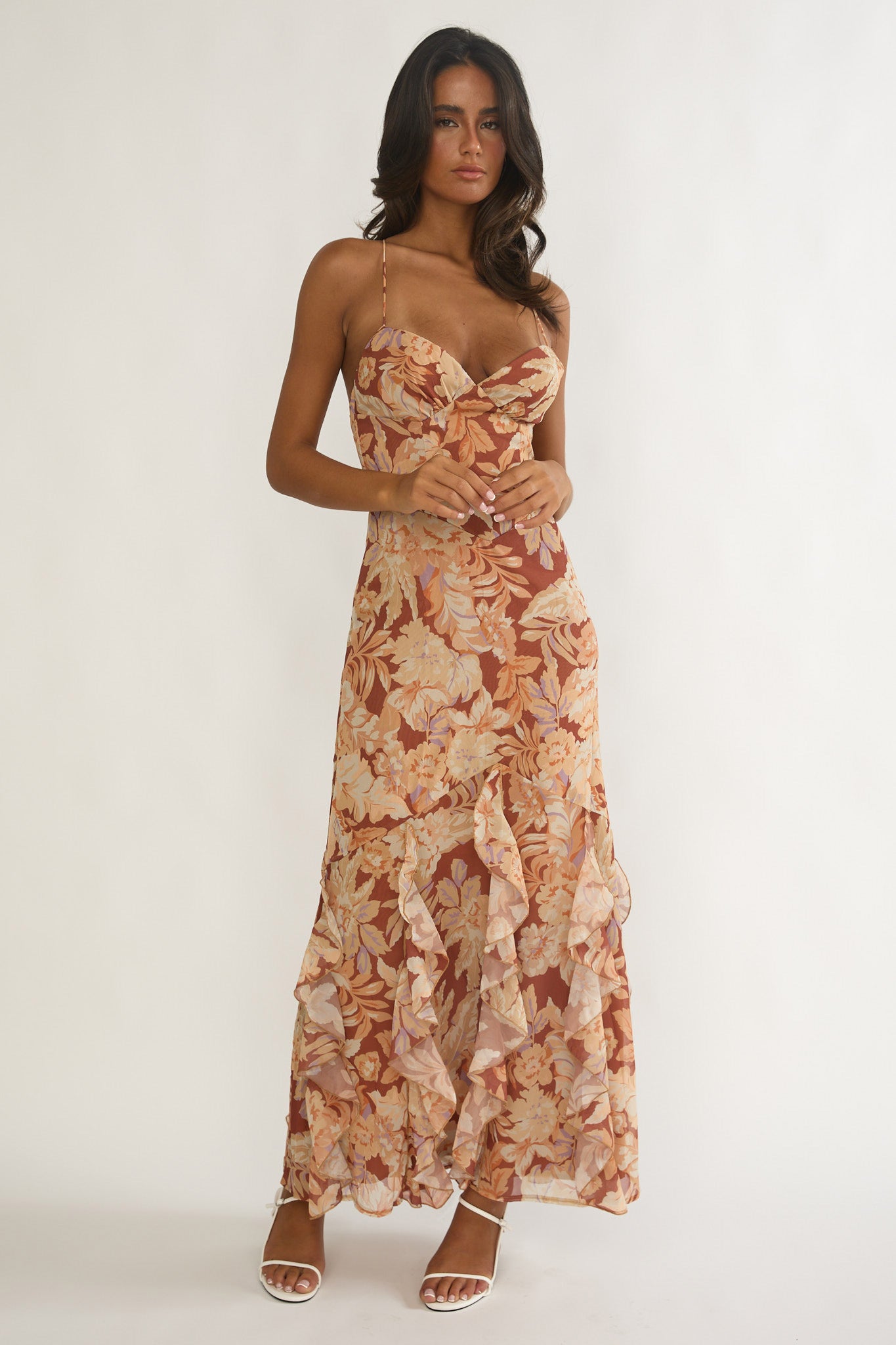 Charlisa Strappy Back Ruffle Maxi Dress Floral Yellow-Maymioy