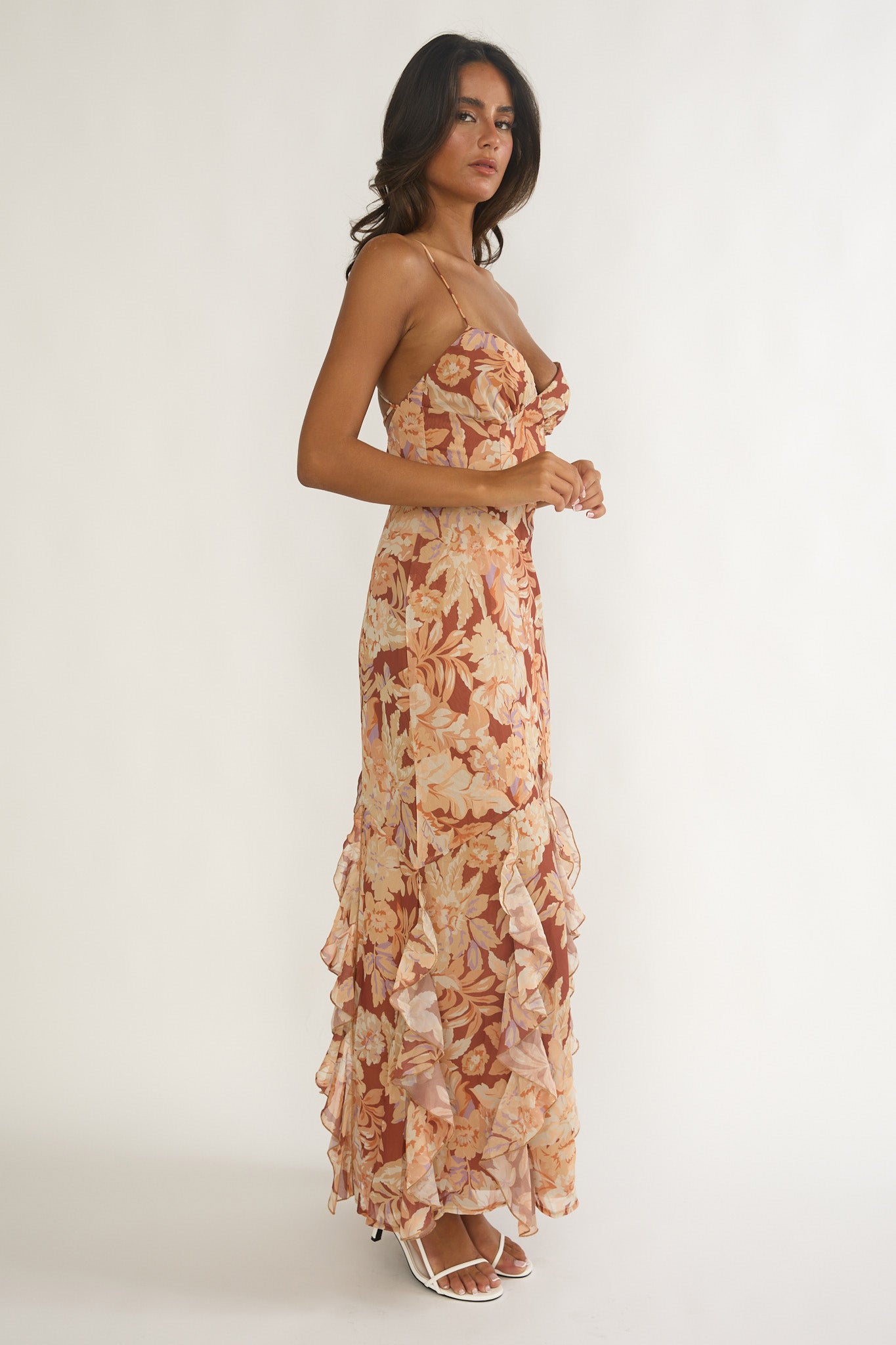 Charlisa Strappy Back Ruffle Maxi Dress Floral Yellow-Maymioy