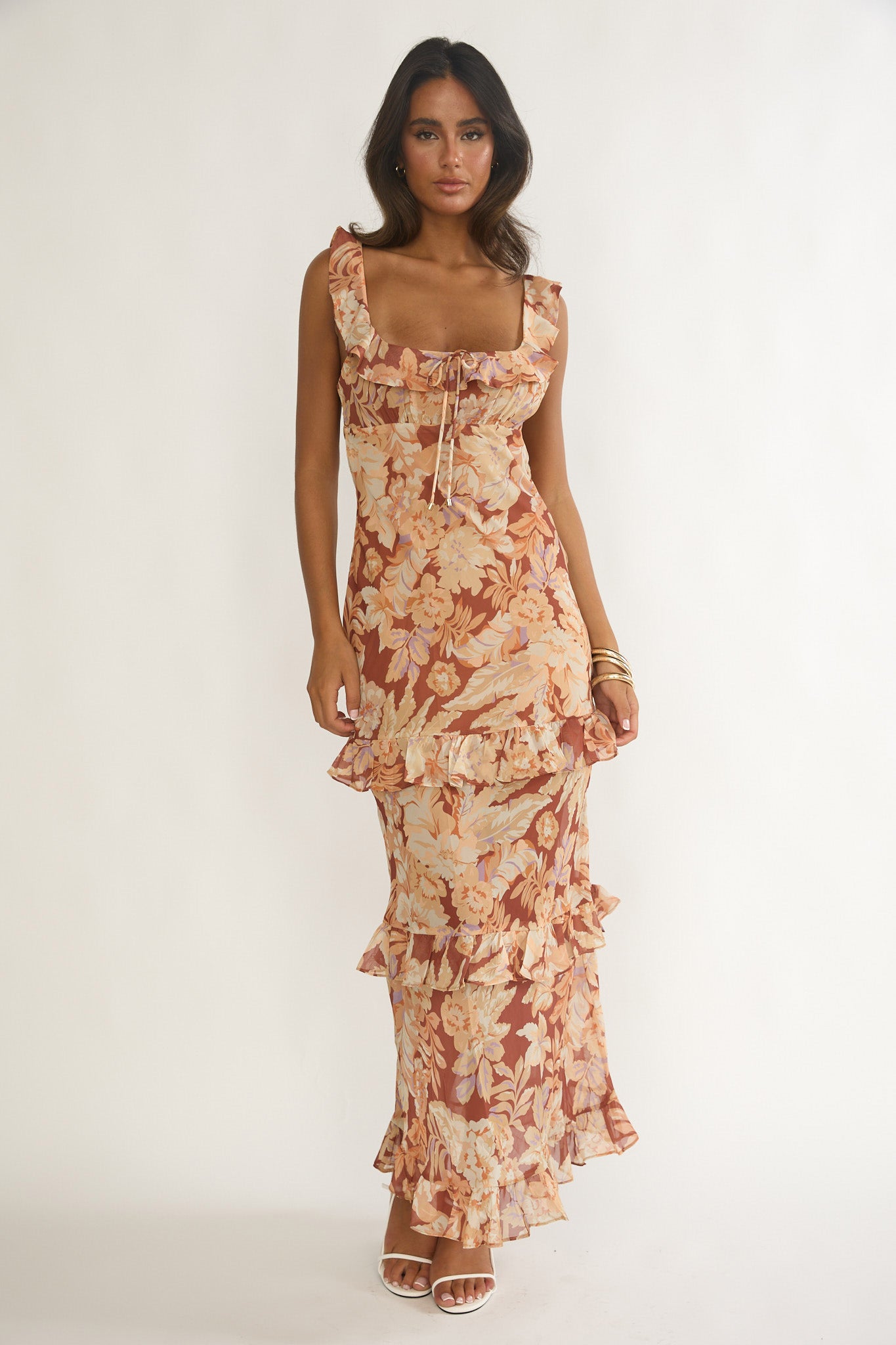Dorise Tied Back Ruffle Maxi Dress Floral Yellow-Maymioy