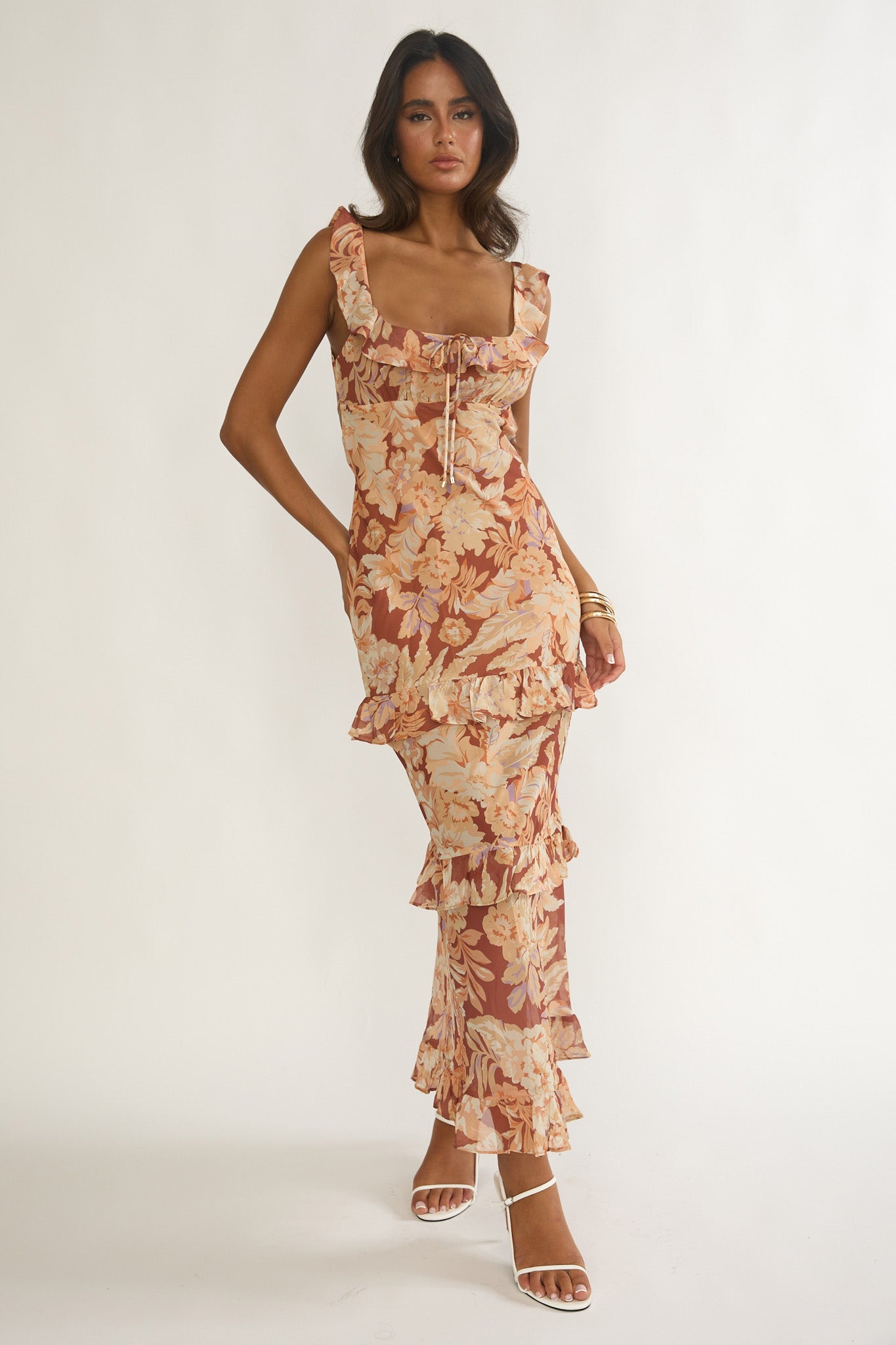 Dorise Tied Back Ruffle Maxi Dress Floral Yellow-Maymioy