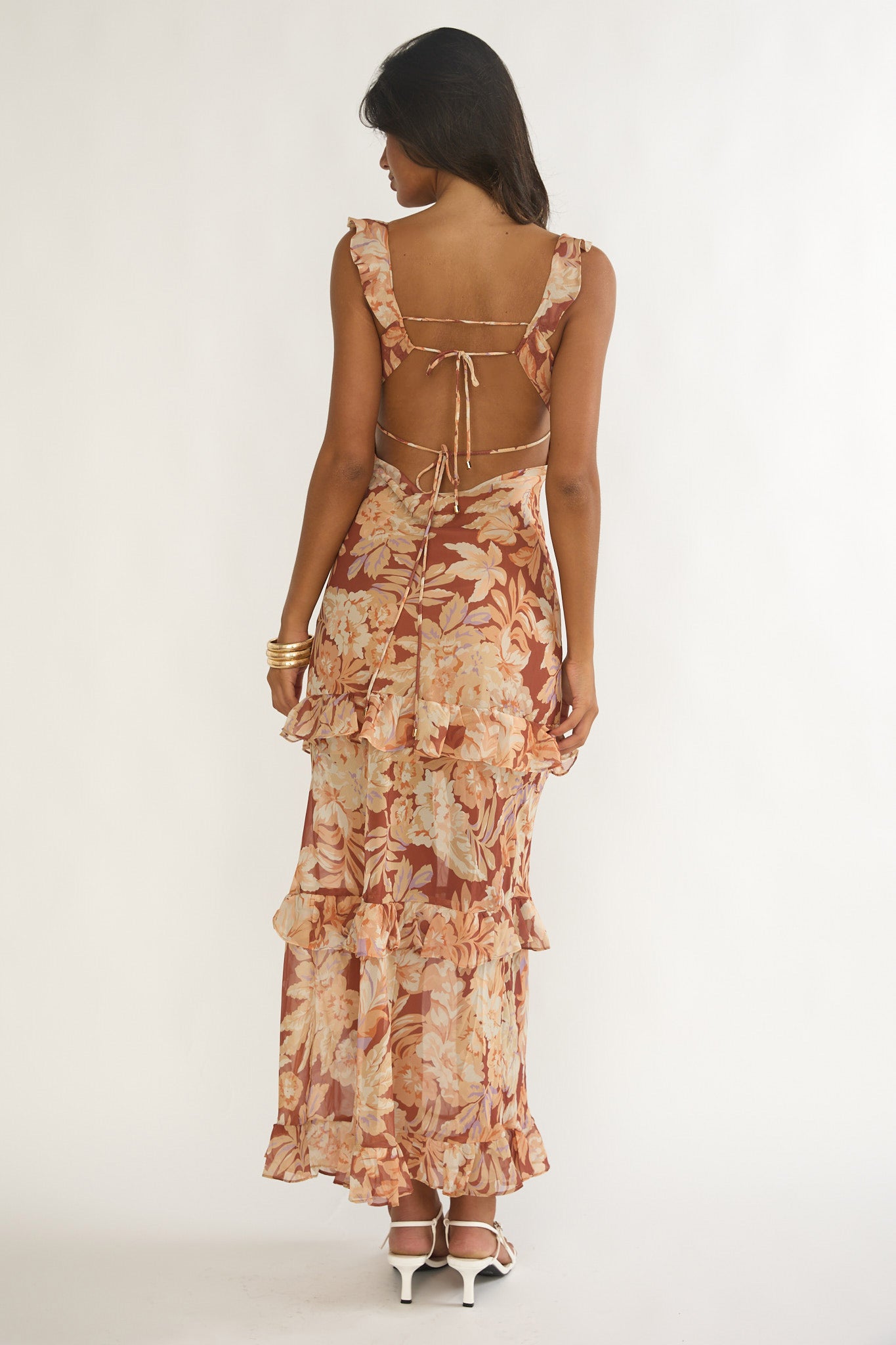 Dorise Tied Back Ruffle Maxi Dress Floral Yellow-Maymioy