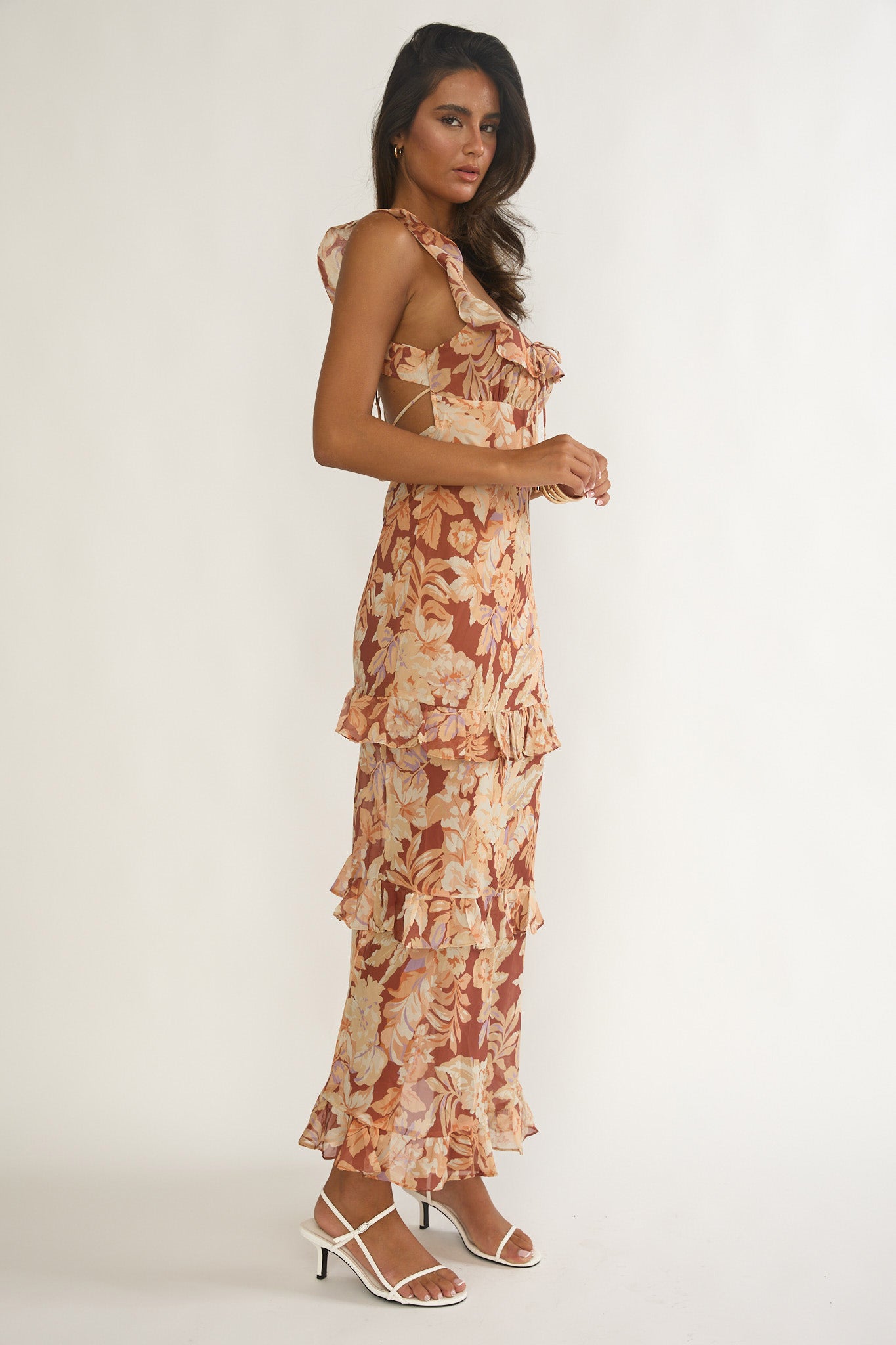 Dorise Tied Back Ruffle Maxi Dress Floral Yellow-Maymioy