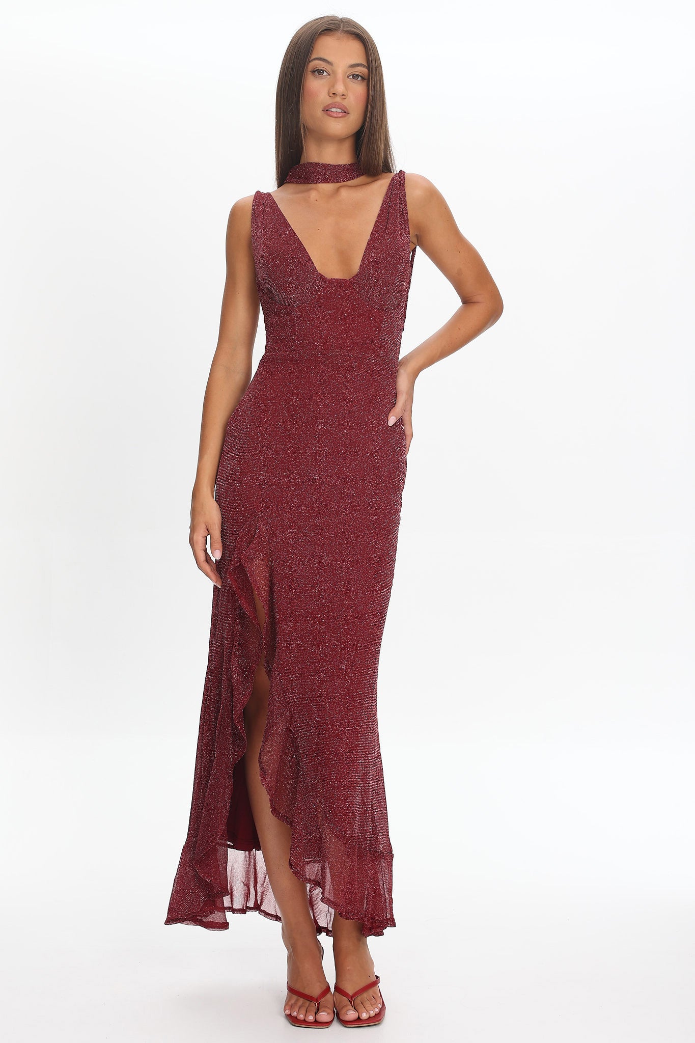 Chantrelle Twist Back Split Maxi Dress Wine-Maymioy