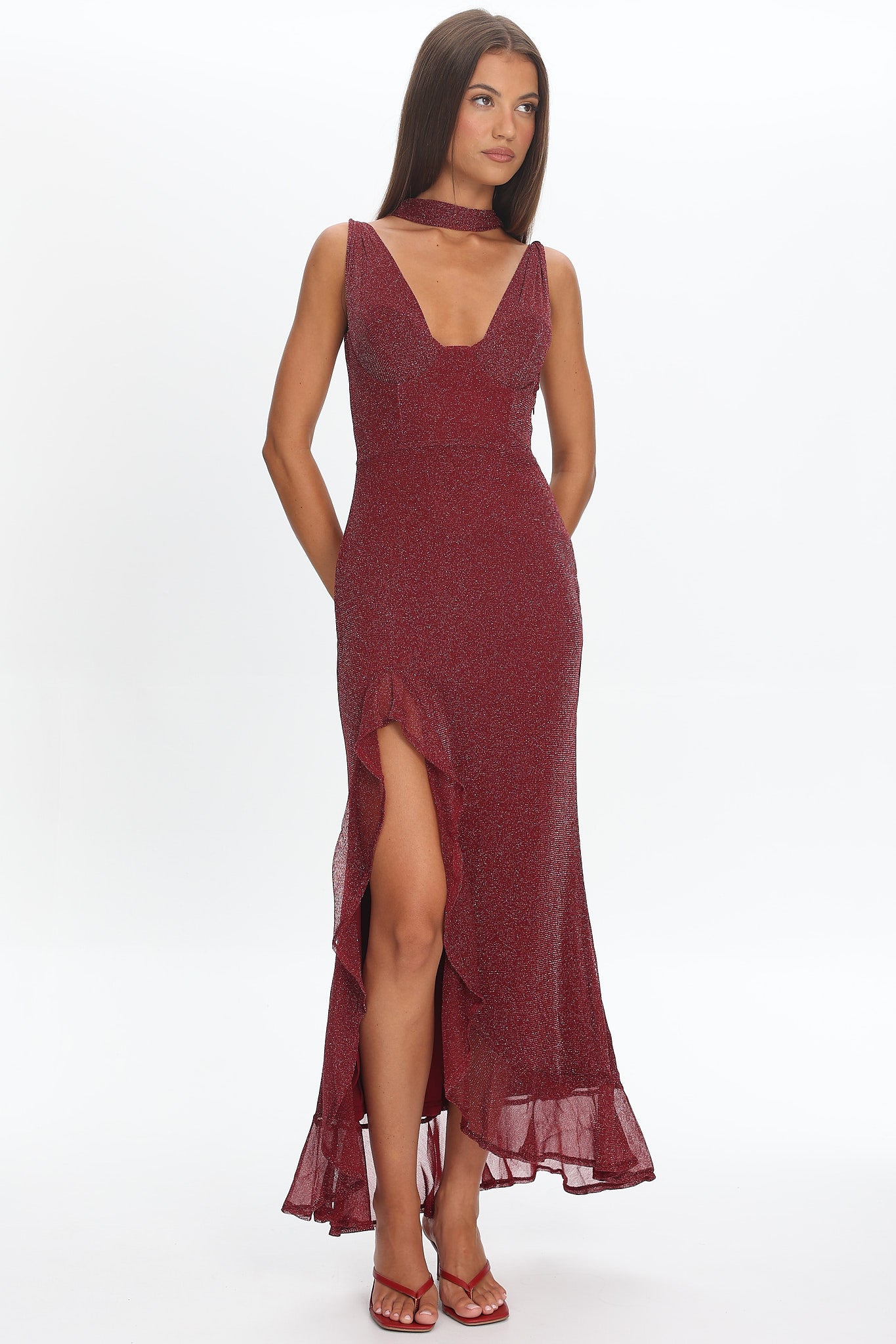 Chantrelle Twist Back Split Maxi Dress Wine-Maymioy
