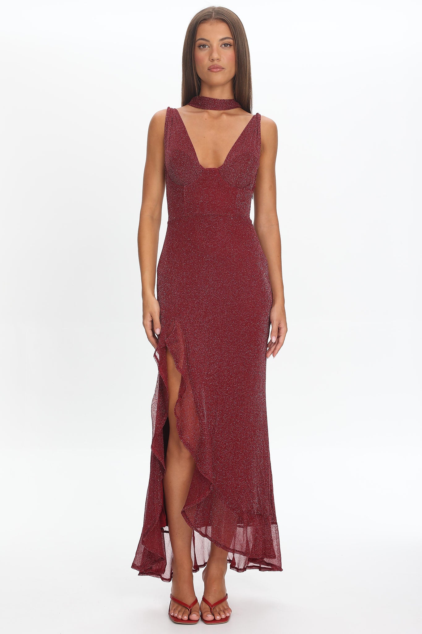 Chantrelle Twist Back Split Maxi Dress Wine-Maymioy