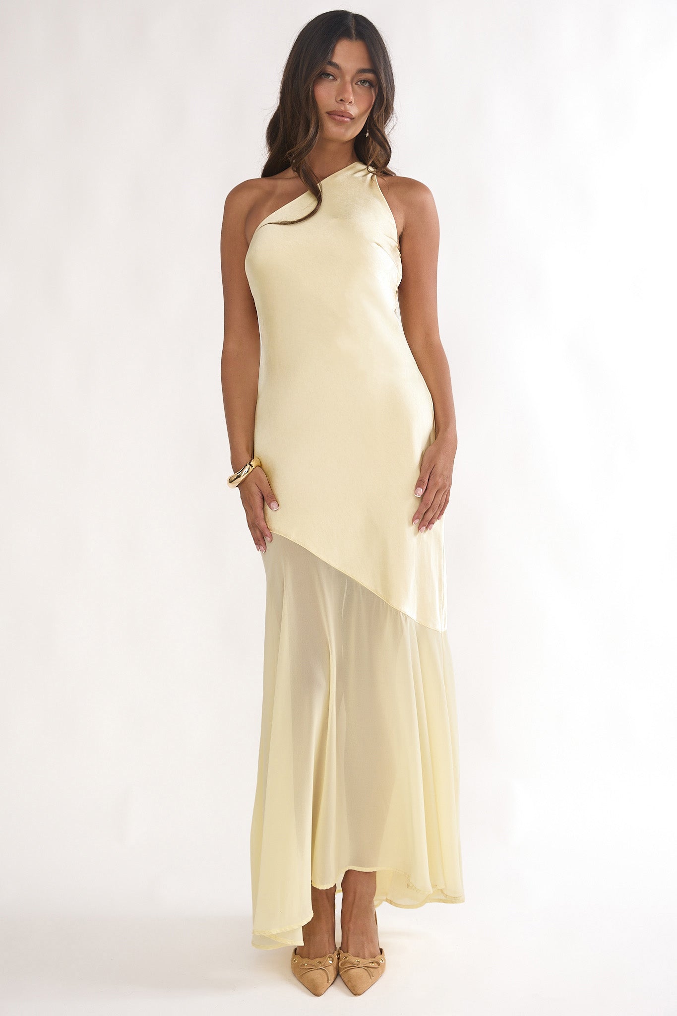 Mireya One-Shoulder Sheer Hem Maxi Dress Lemon-Maymioy