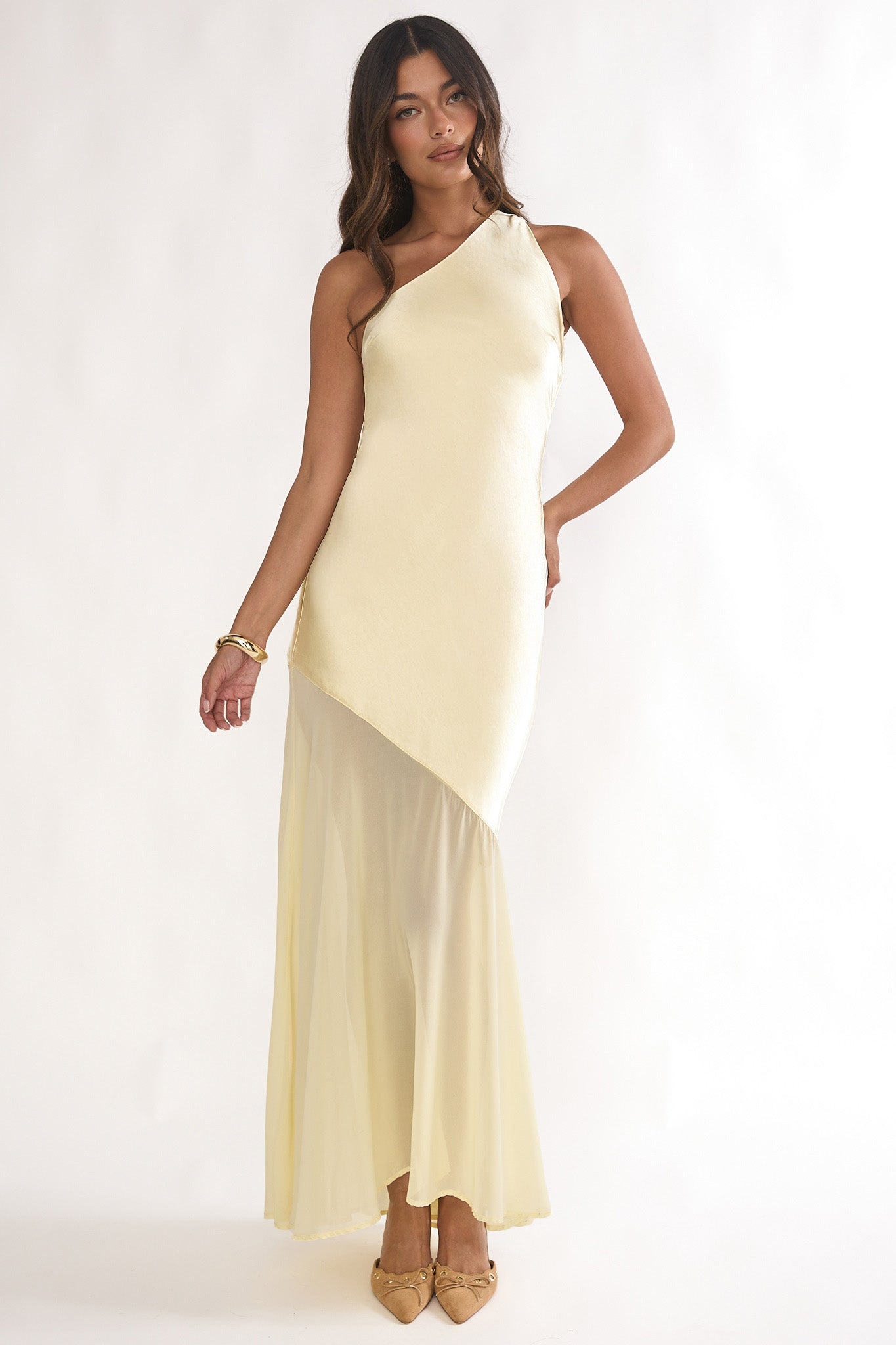 Mireya One-Shoulder Sheer Hem Maxi Dress Lemon-Maymioy
