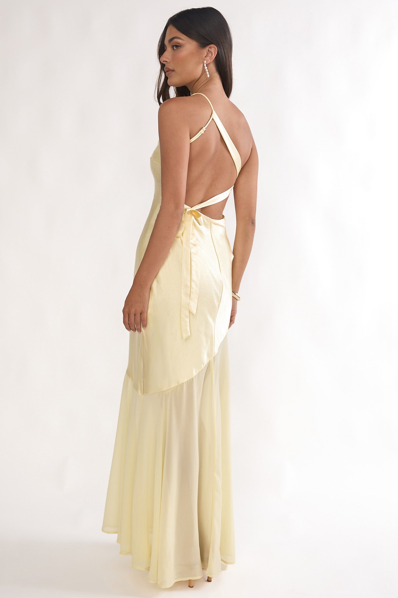 Mireya One-Shoulder Sheer Hem Maxi Dress Lemon-Maymioy