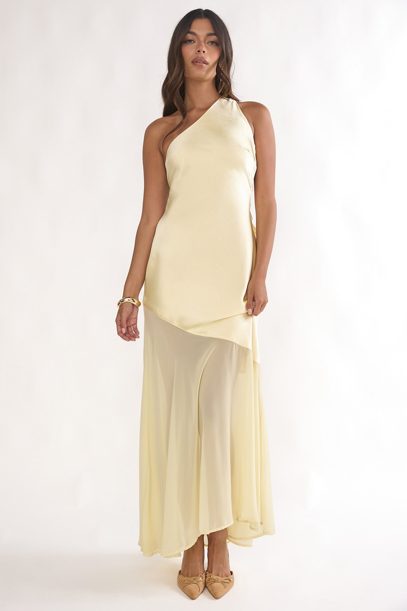 Mireya One-Shoulder Sheer Hem Maxi Dress Lemon-Maymioy