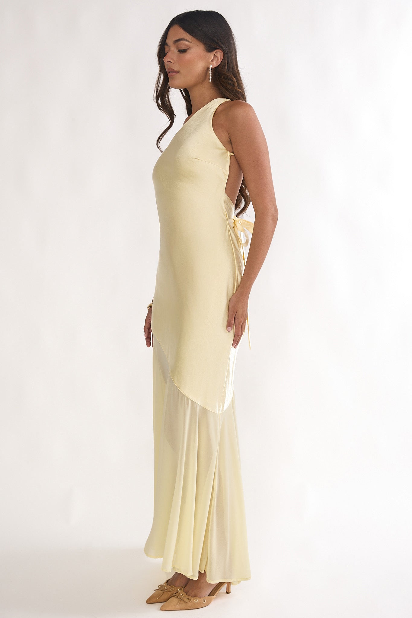 Mireya One-Shoulder Sheer Hem Maxi Dress Lemon-Maymioy