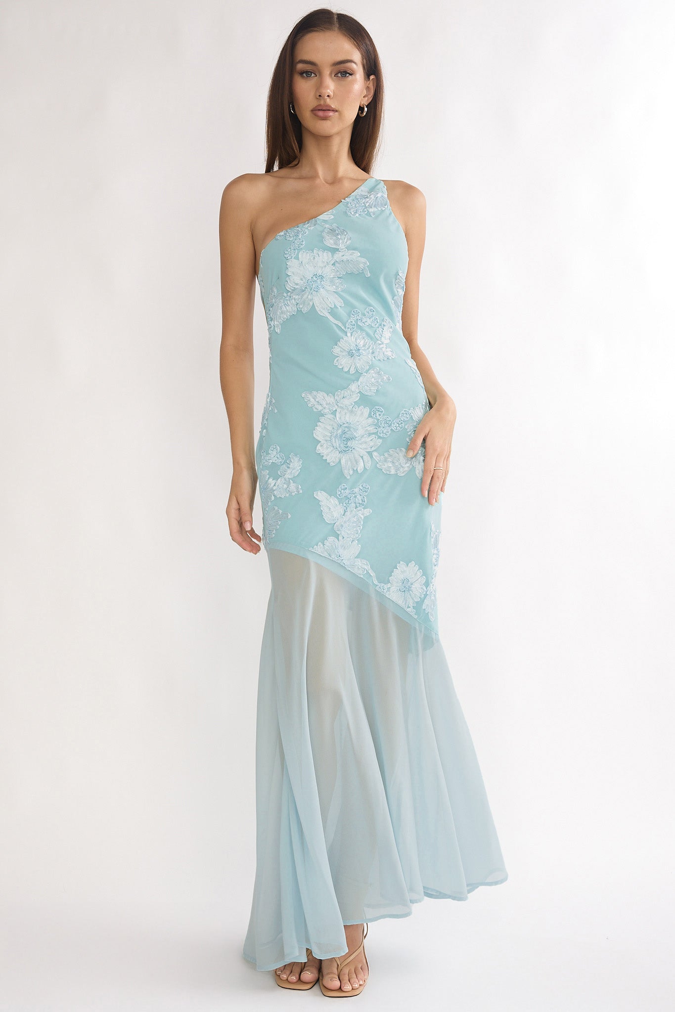 Mireya One-Shoulder Sheer Hem Maxi Dress Aqua-Maymioy