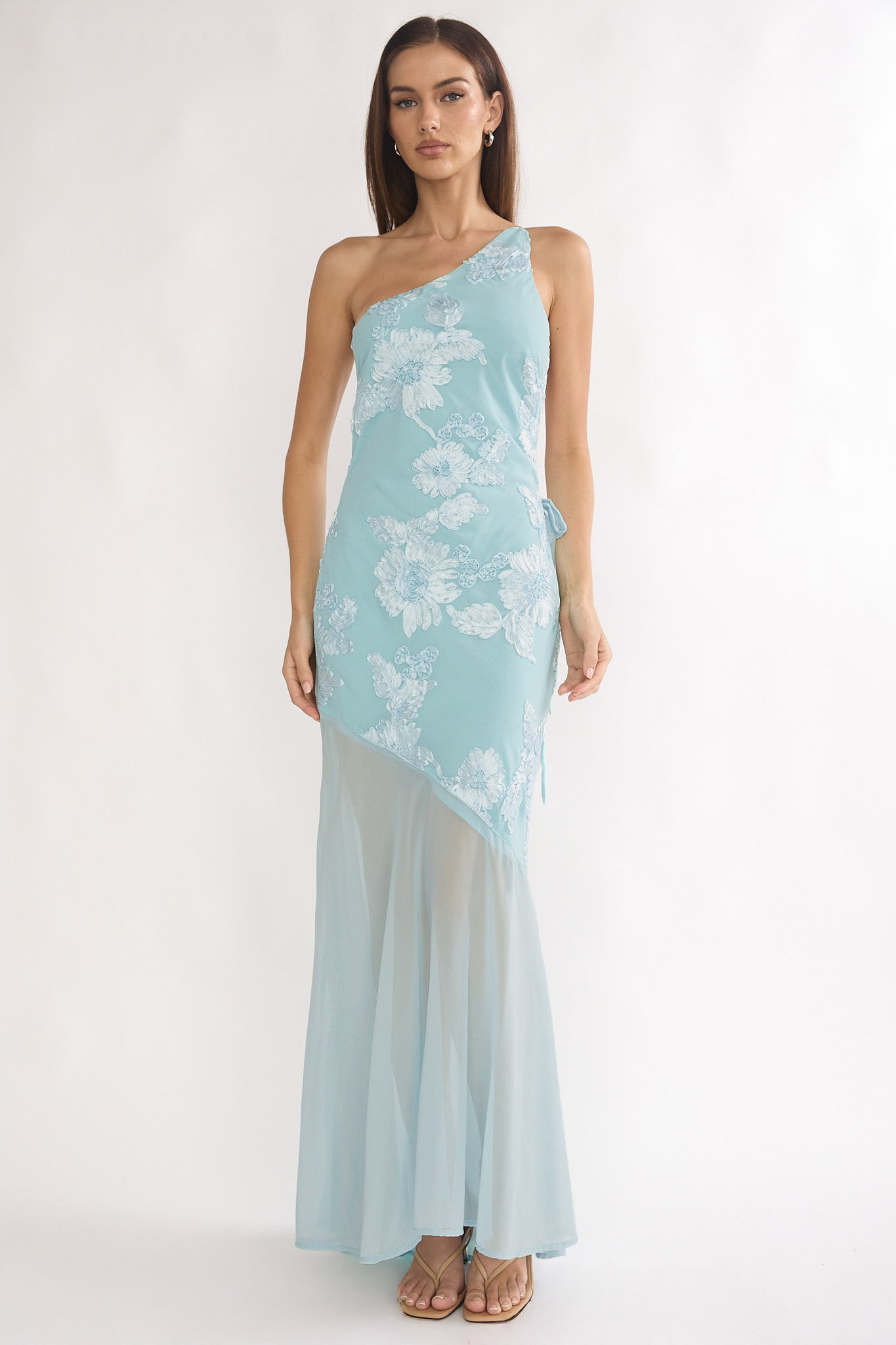 Mireya One-Shoulder Sheer Hem Maxi Dress Aqua-Maymioy