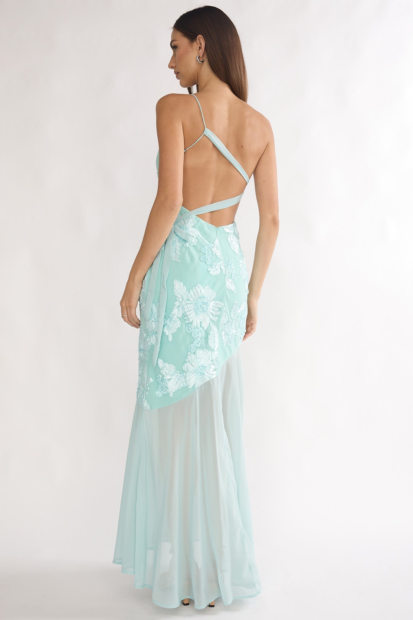 Mireya One-Shoulder Sheer Hem Maxi Dress Aqua-Maymioy