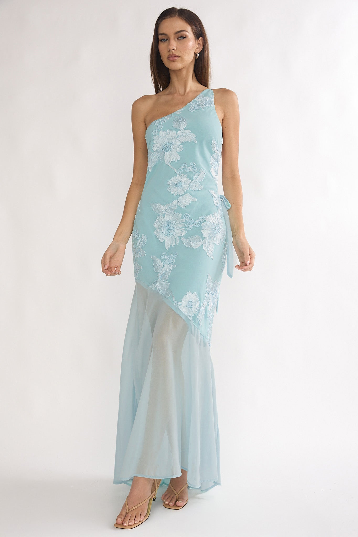 Mireya One-Shoulder Sheer Hem Maxi Dress Aqua-Maymioy