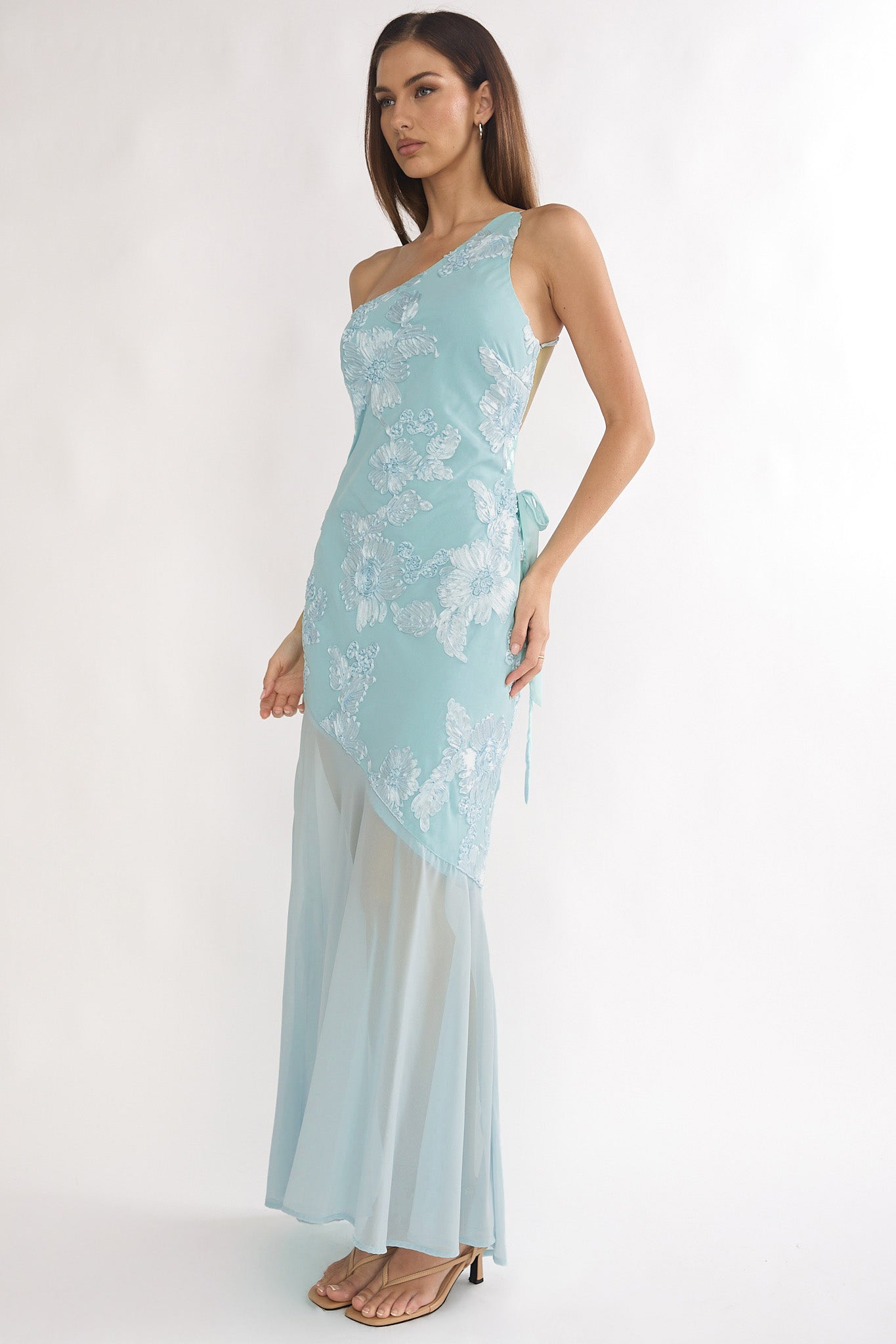 Mireya One-Shoulder Sheer Hem Maxi Dress Aqua-Maymioy
