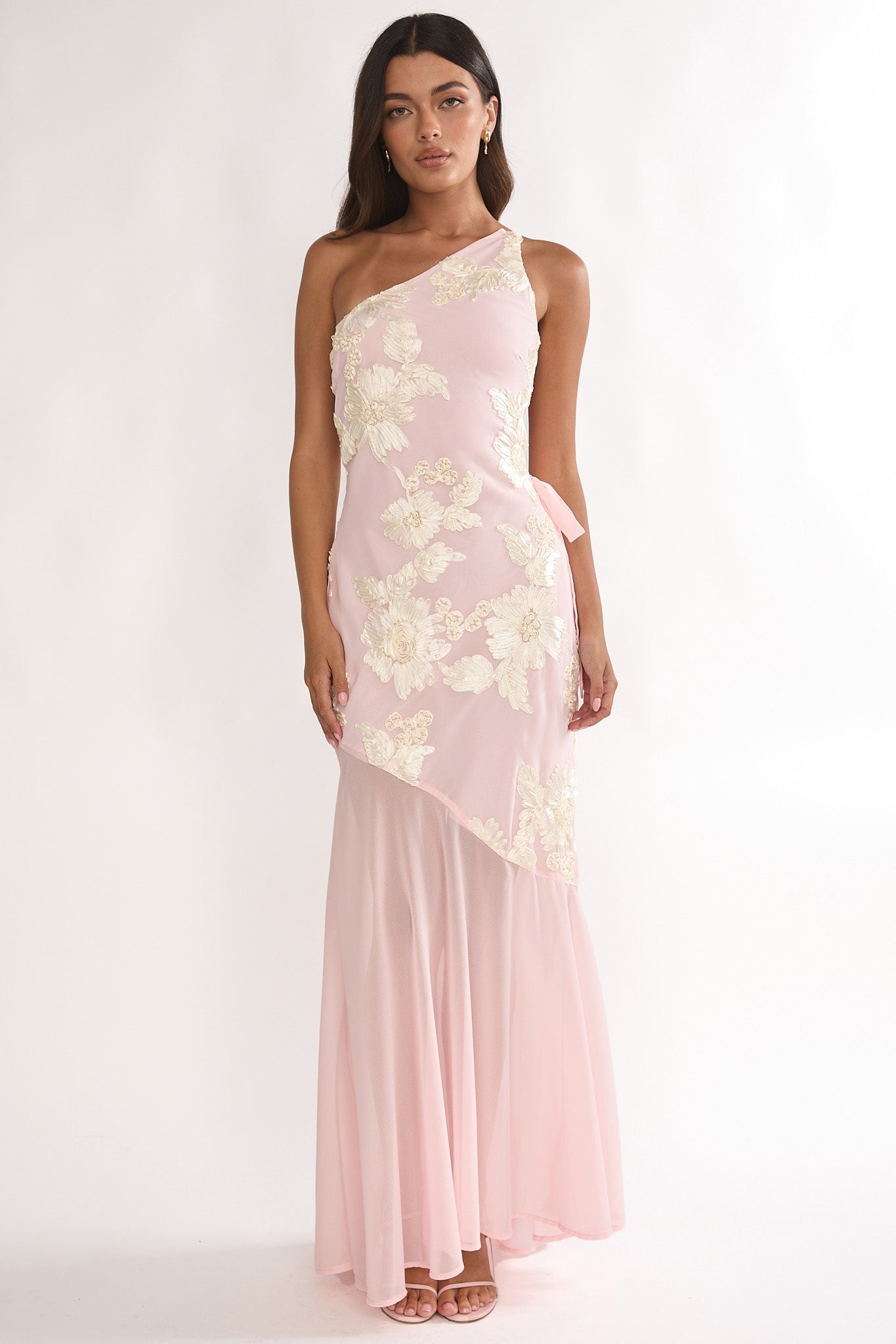 Mireya One-Shoulder Sheer Hem Maxi Dress Pink-Maymioy