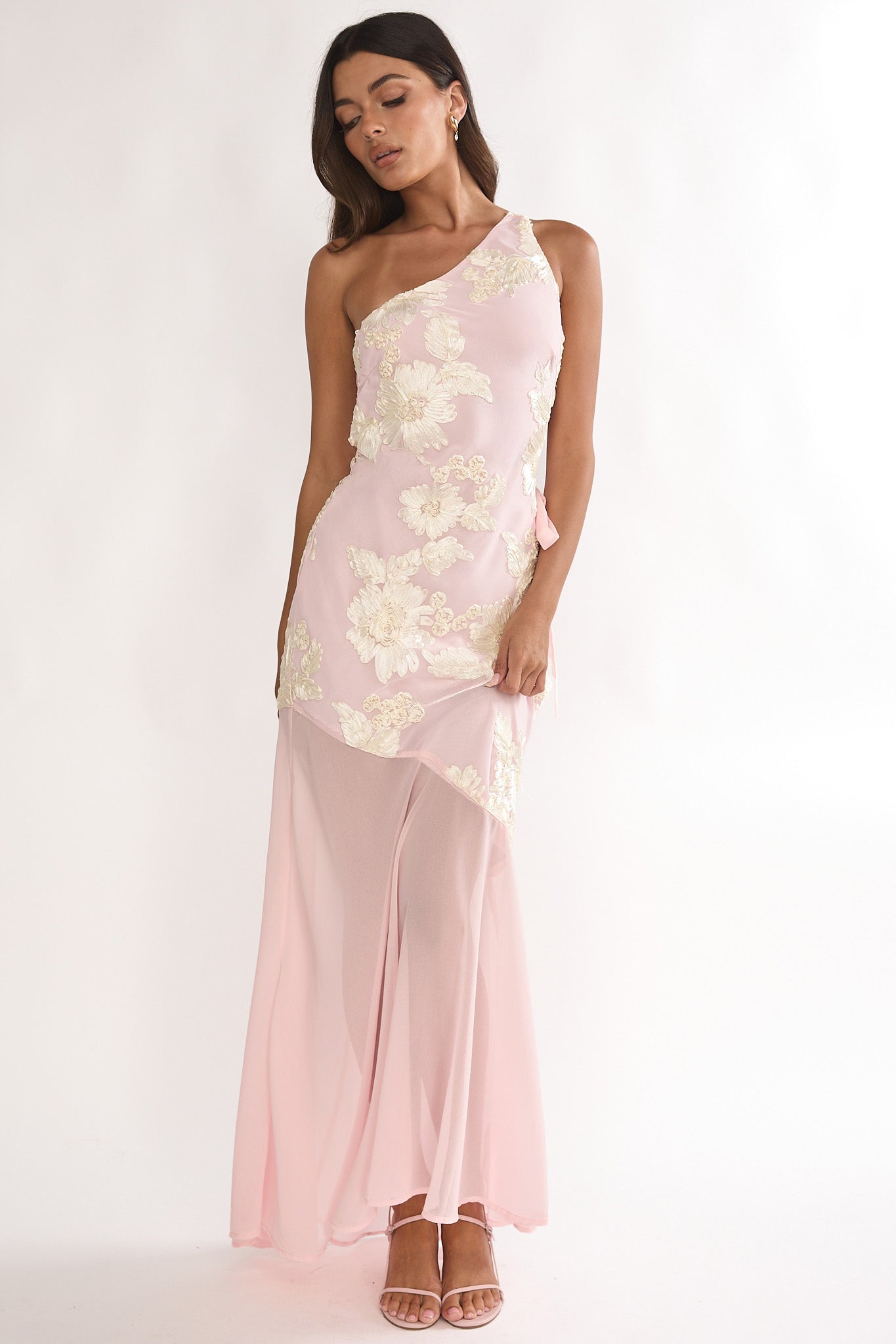 Mireya One-Shoulder Sheer Hem Maxi Dress Pink-Maymioy