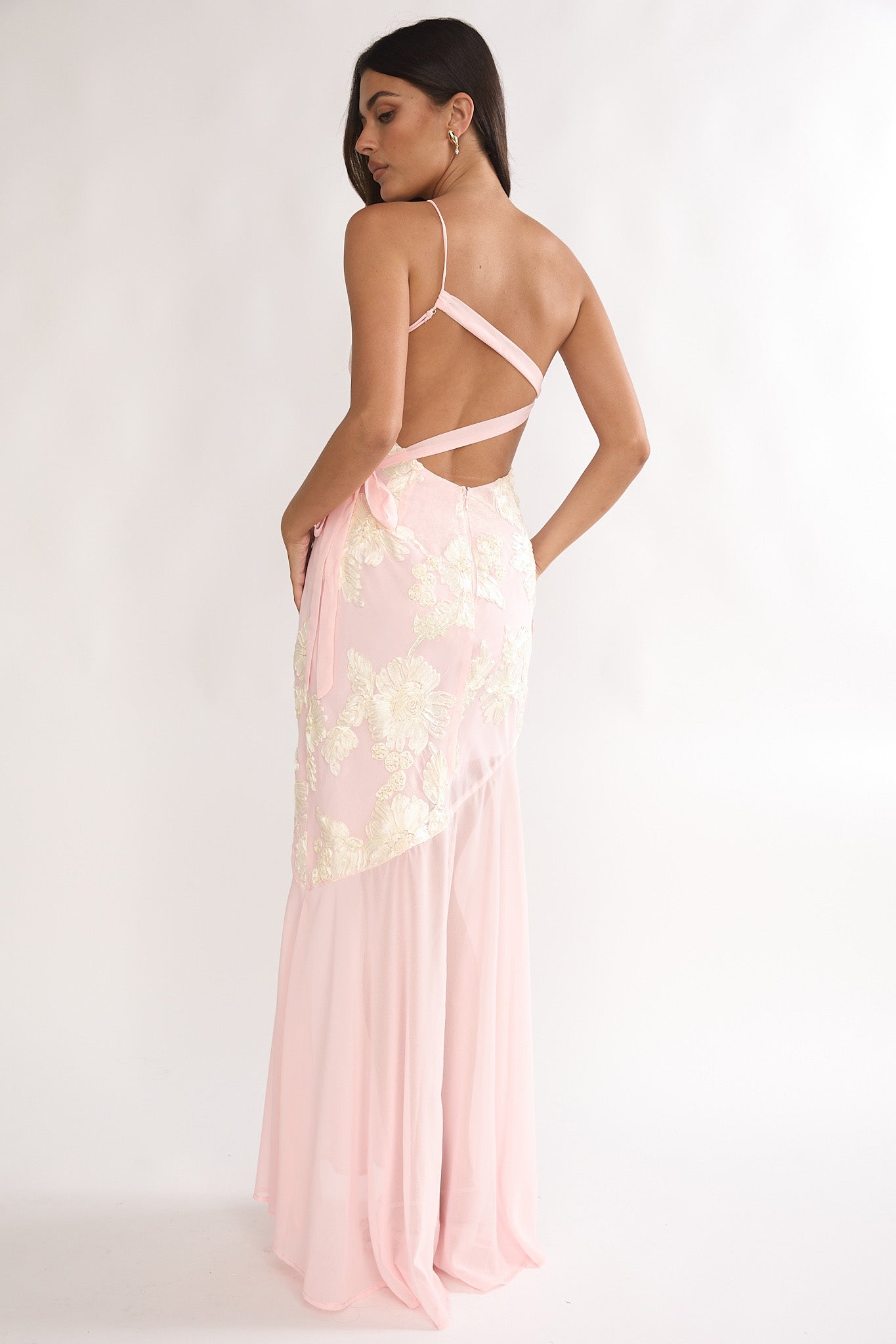 Mireya One-Shoulder Sheer Hem Maxi Dress Pink-Maymioy