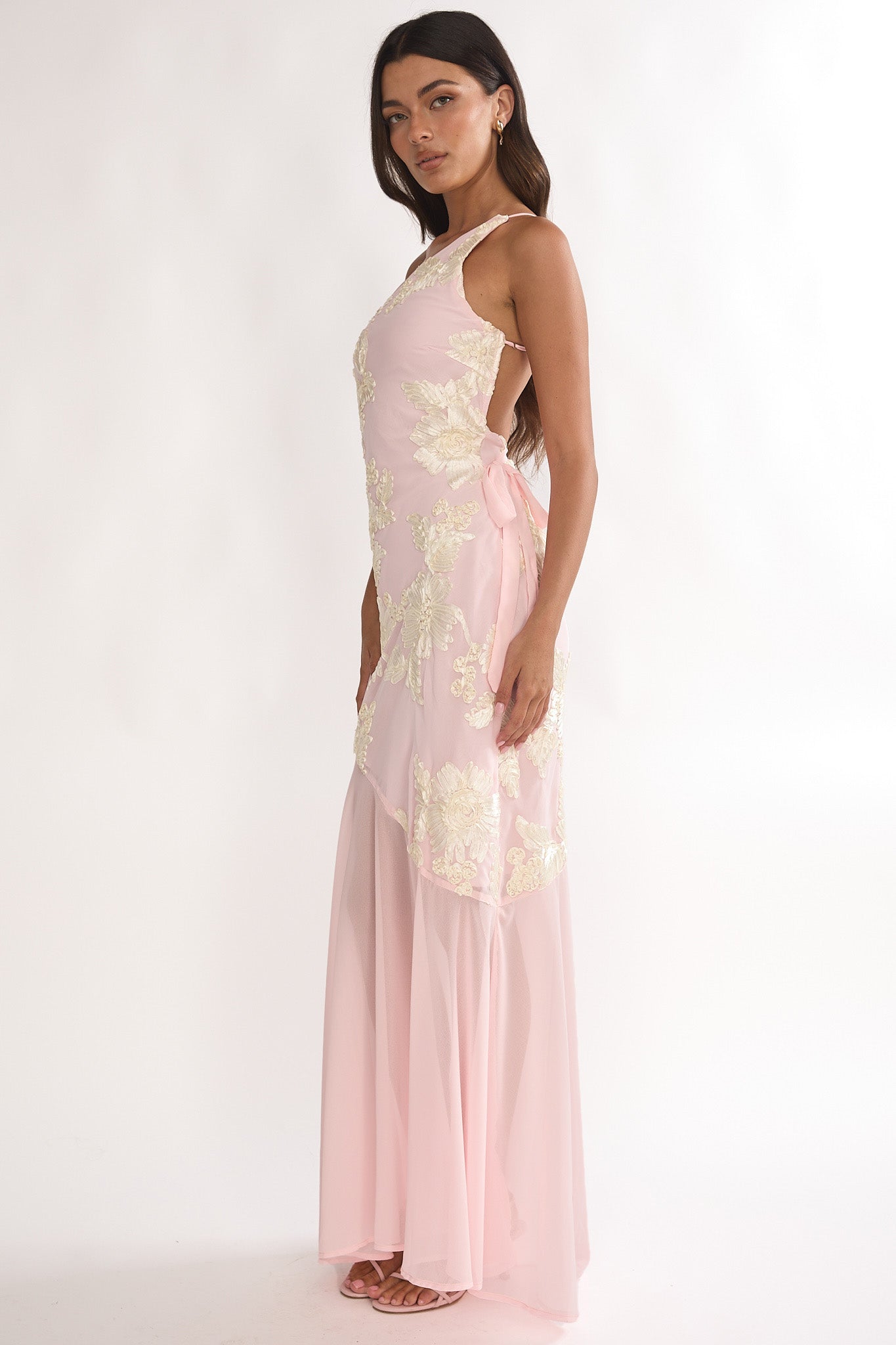 Mireya One-Shoulder Sheer Hem Maxi Dress Pink-Maymioy