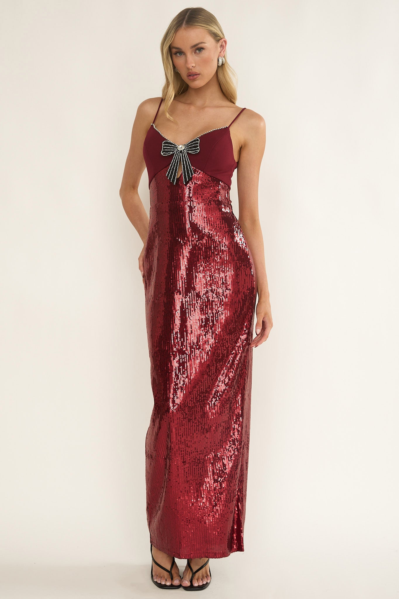 Nolani Sequin Bow & Diamante Maxi Dress Wine-Maymioy