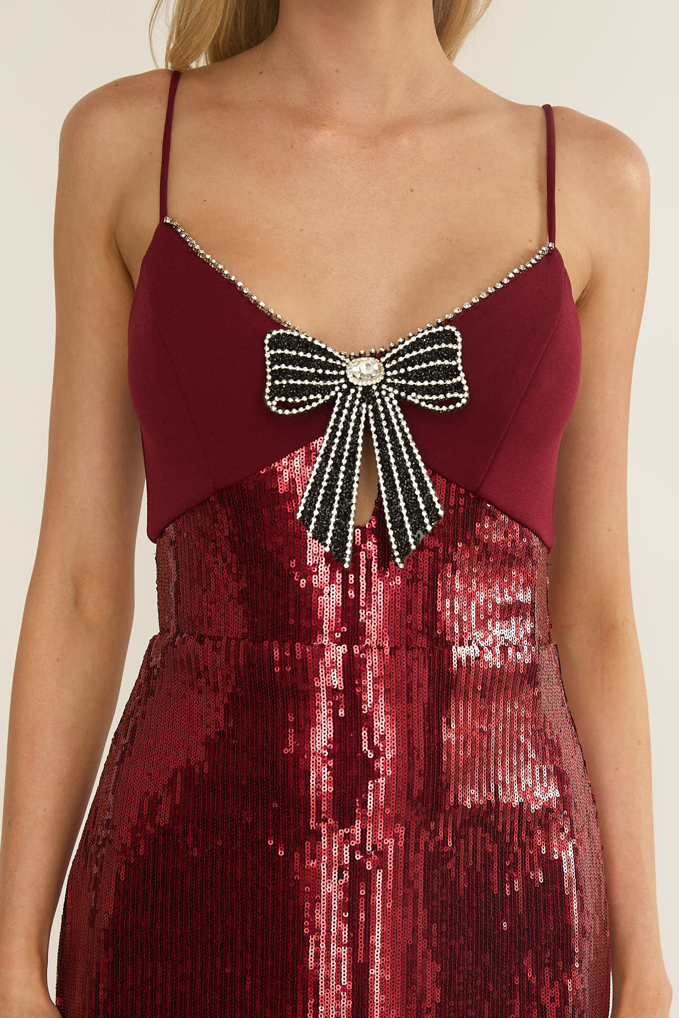 Nolani Sequin Bow & Diamante Maxi Dress Wine-Maymioy