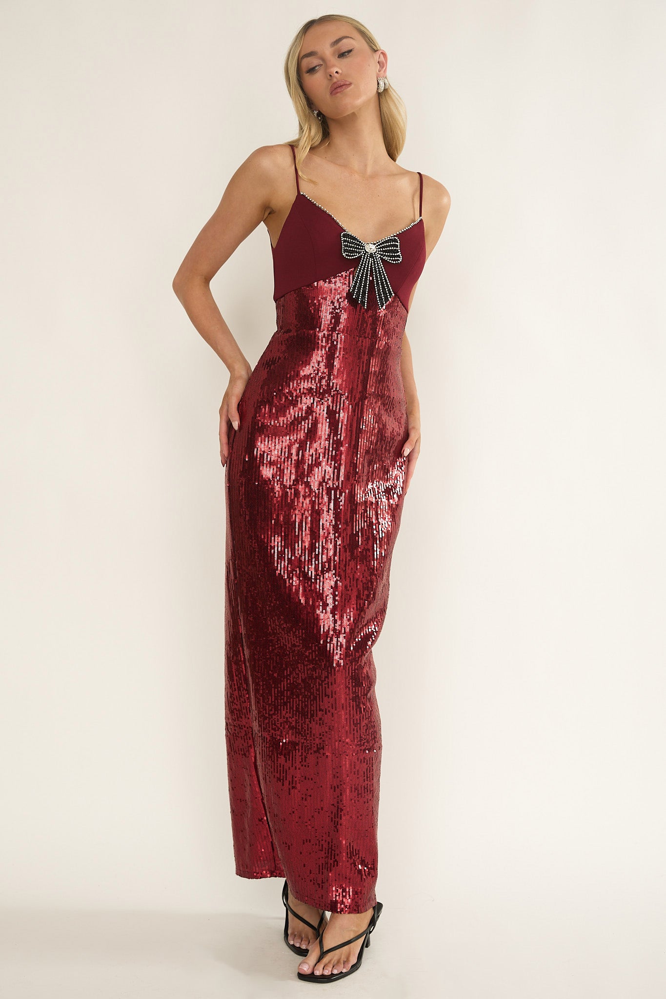 Nolani Sequin Bow & Diamante Maxi Dress Wine-Maymioy
