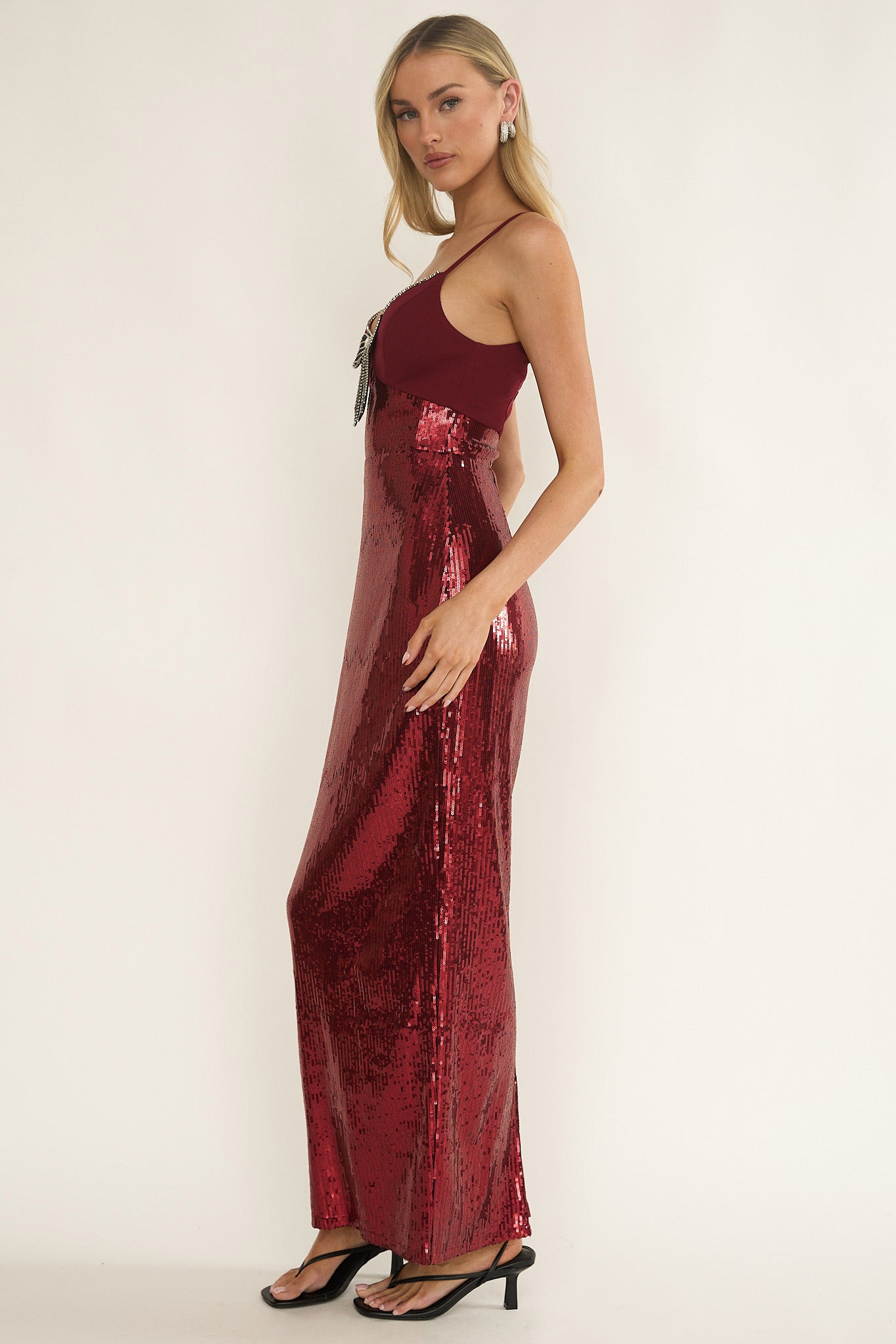 Nolani Sequin Bow & Diamante Maxi Dress Wine-Maymioy