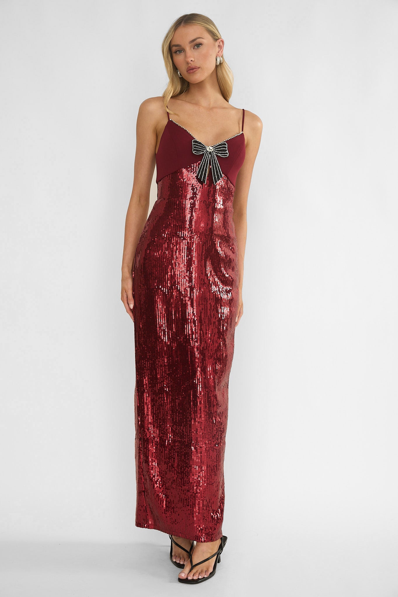 Nolani Sequin Bow & Diamante Maxi Dress Wine-Maymioy