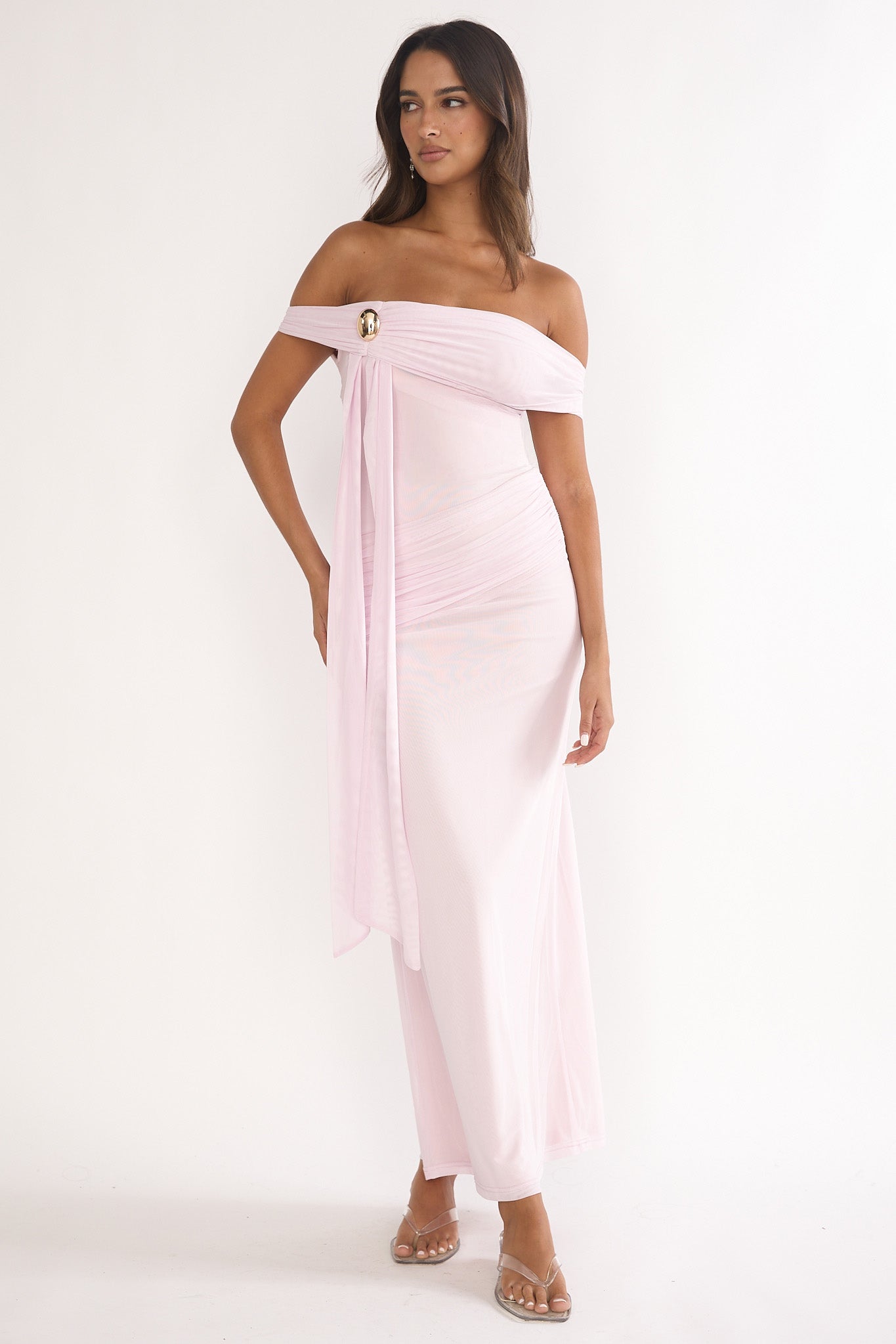 Evanthe Off-Shoulder Sash Maxi Dress Blush-Maymioy