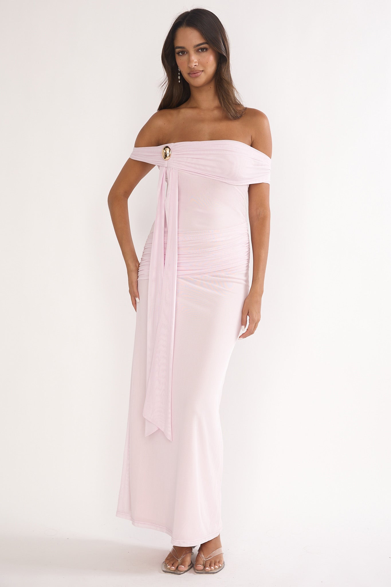 Evanthe Off-Shoulder Sash Maxi Dress Blush-Maymioy