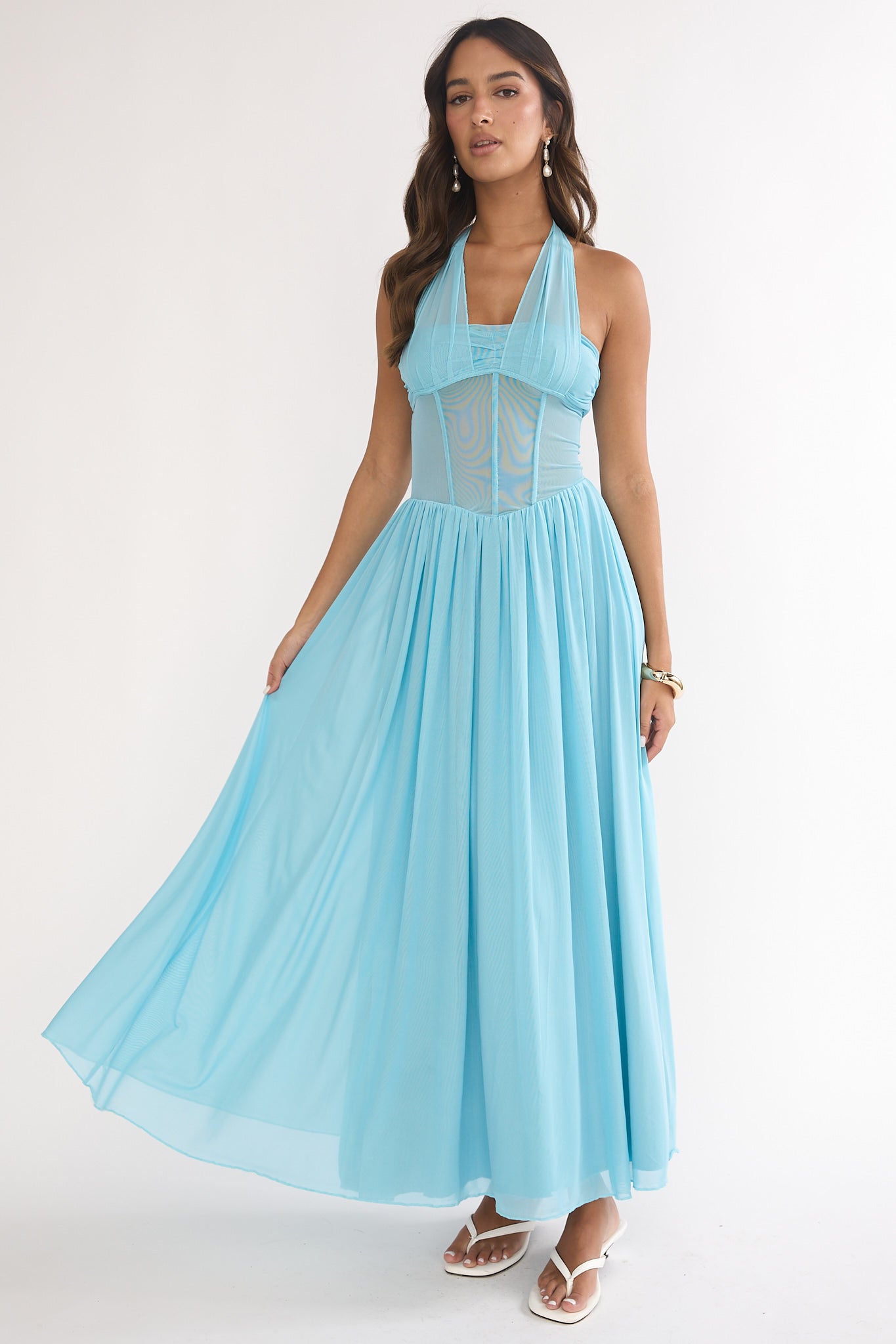 Jovella Halterneck Mesh Dress Blue-Maymioy