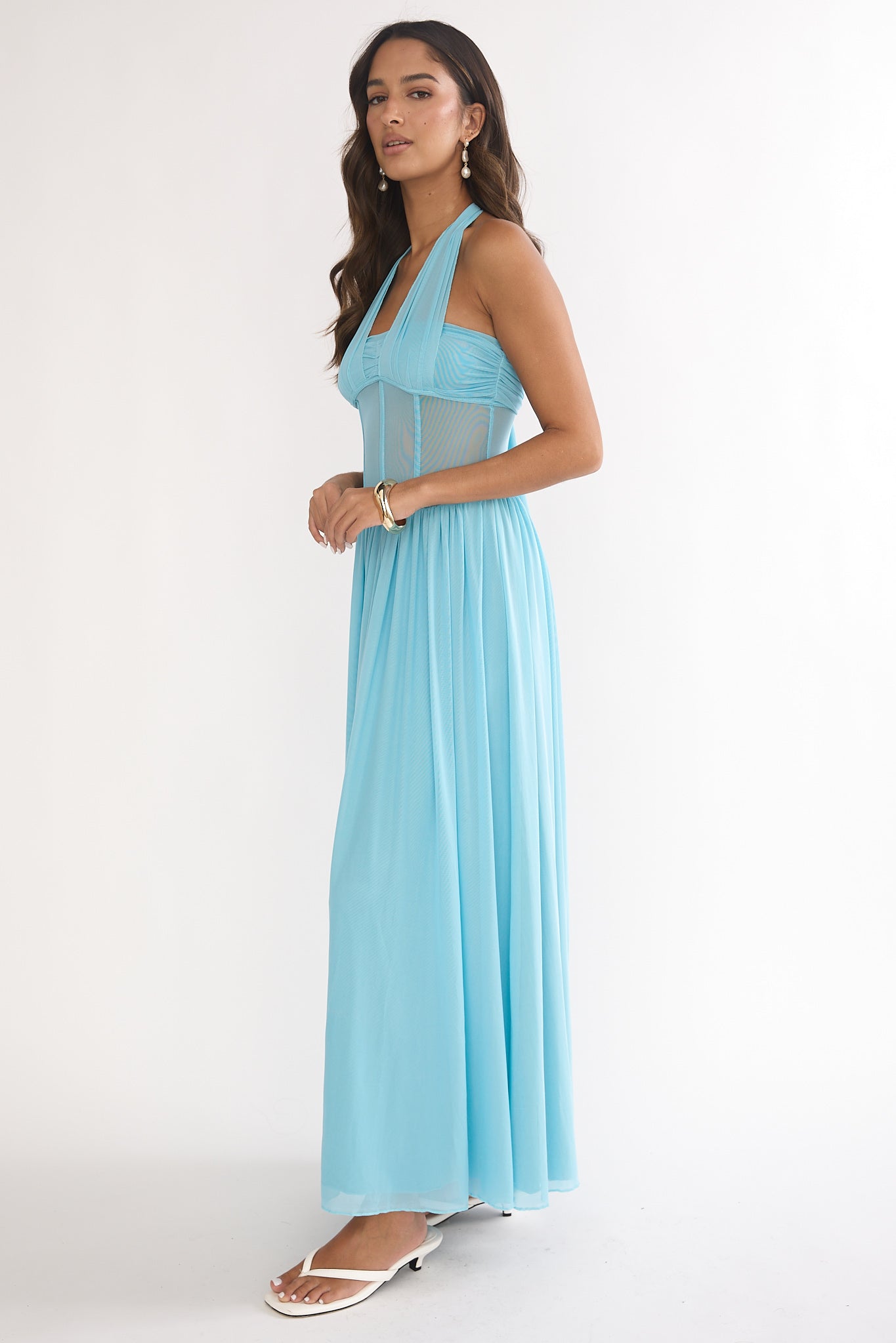 Jovella Halterneck Mesh Dress Blue-Maymioy
