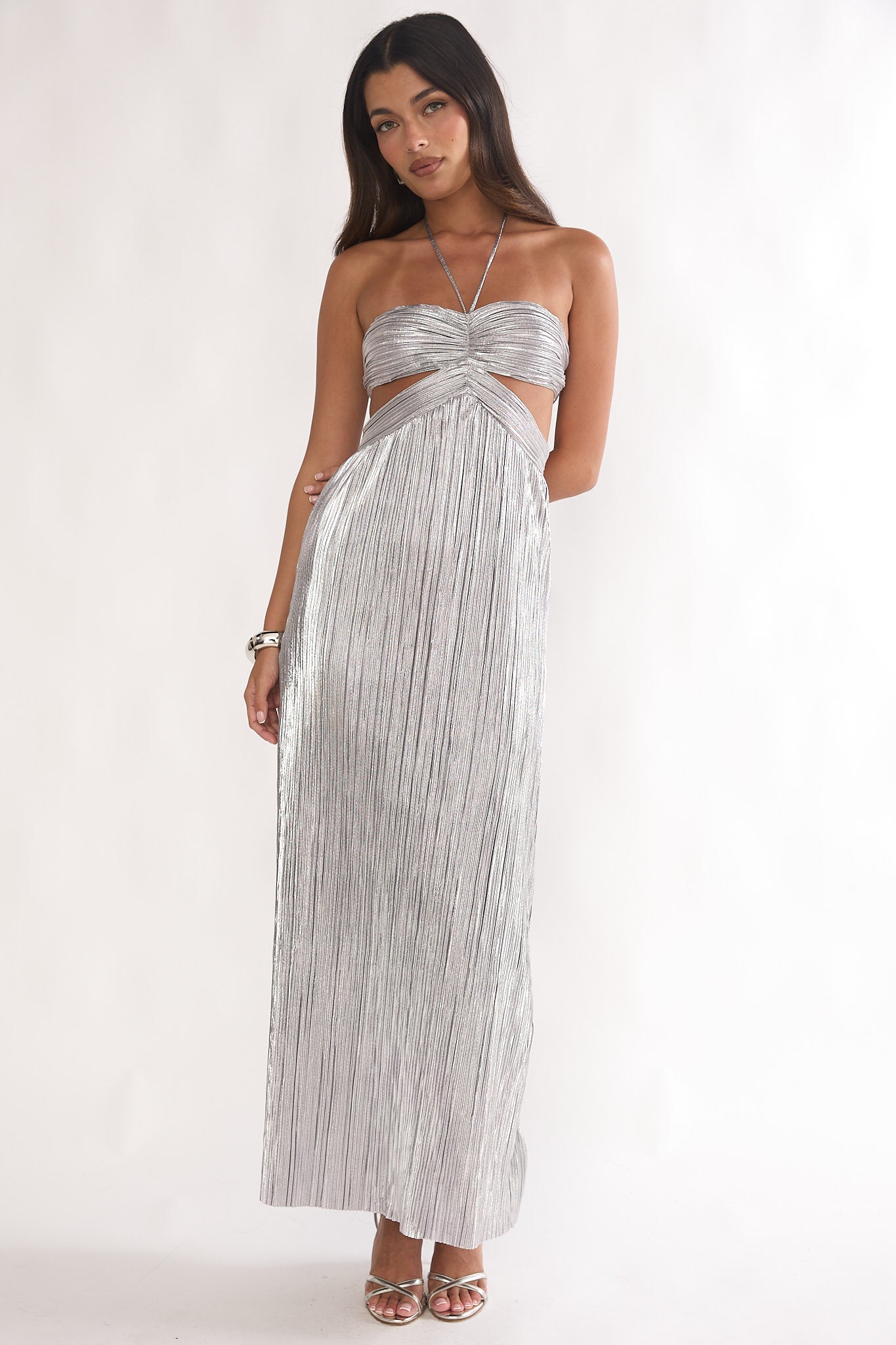 Isle Cut-Out Halterneck Maxi Dress Silver-Maymioy
