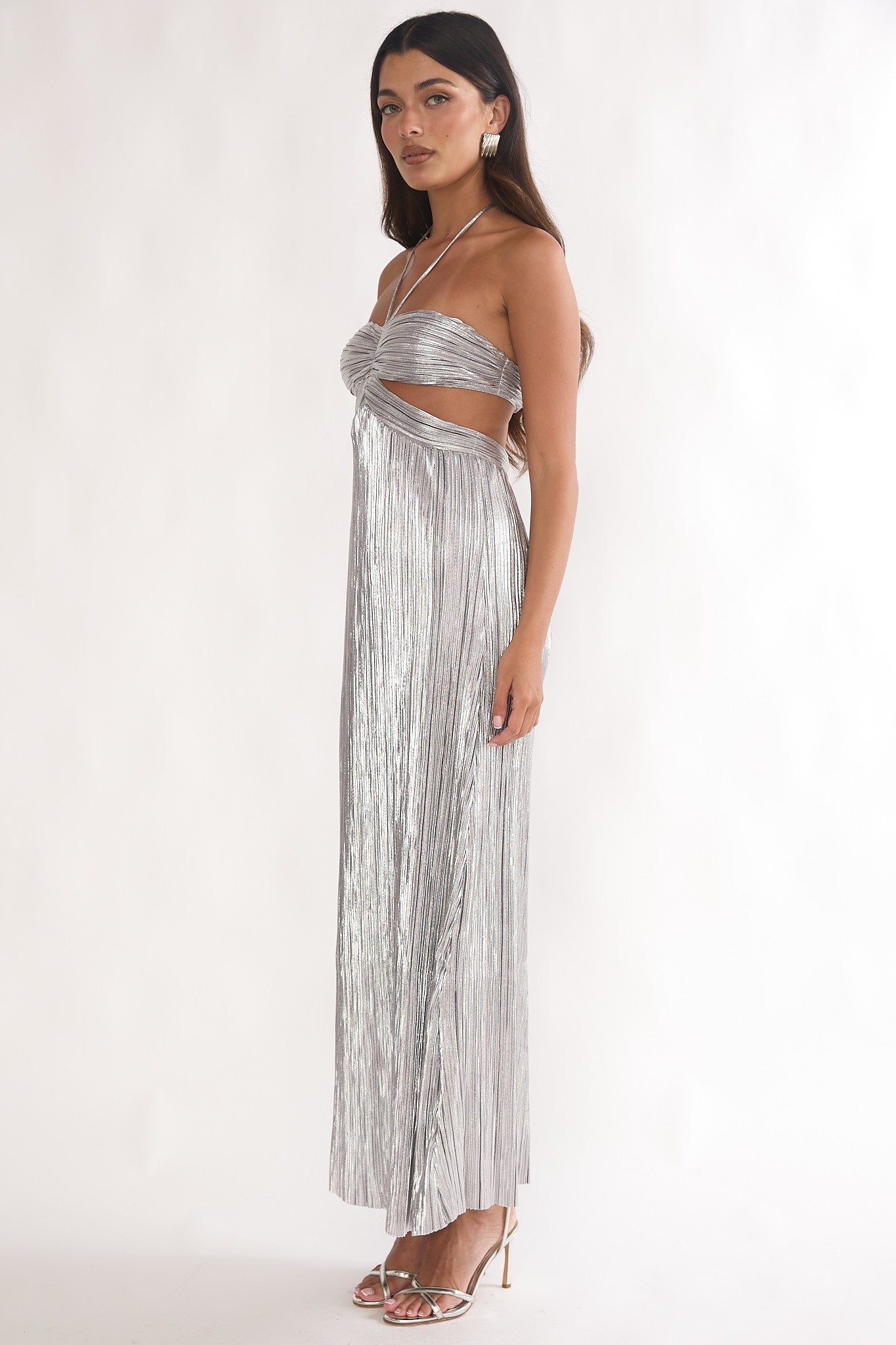 Isle Cut-Out Halterneck Maxi Dress Silver-Maymioy