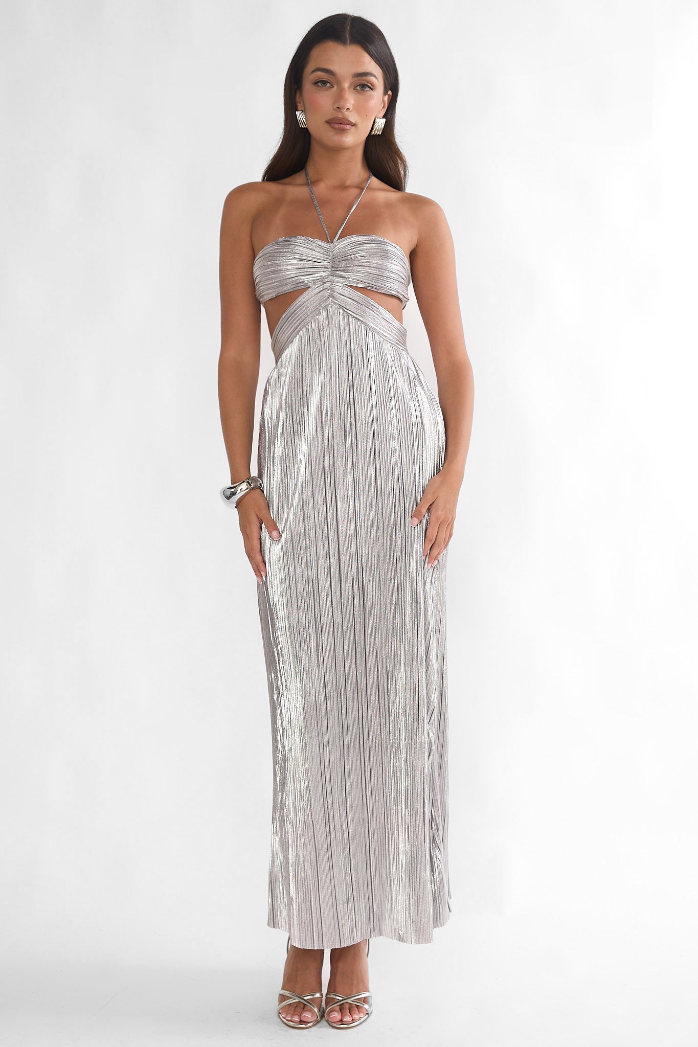 Isle Cut-Out Halterneck Maxi Dress Silver-Maymioy