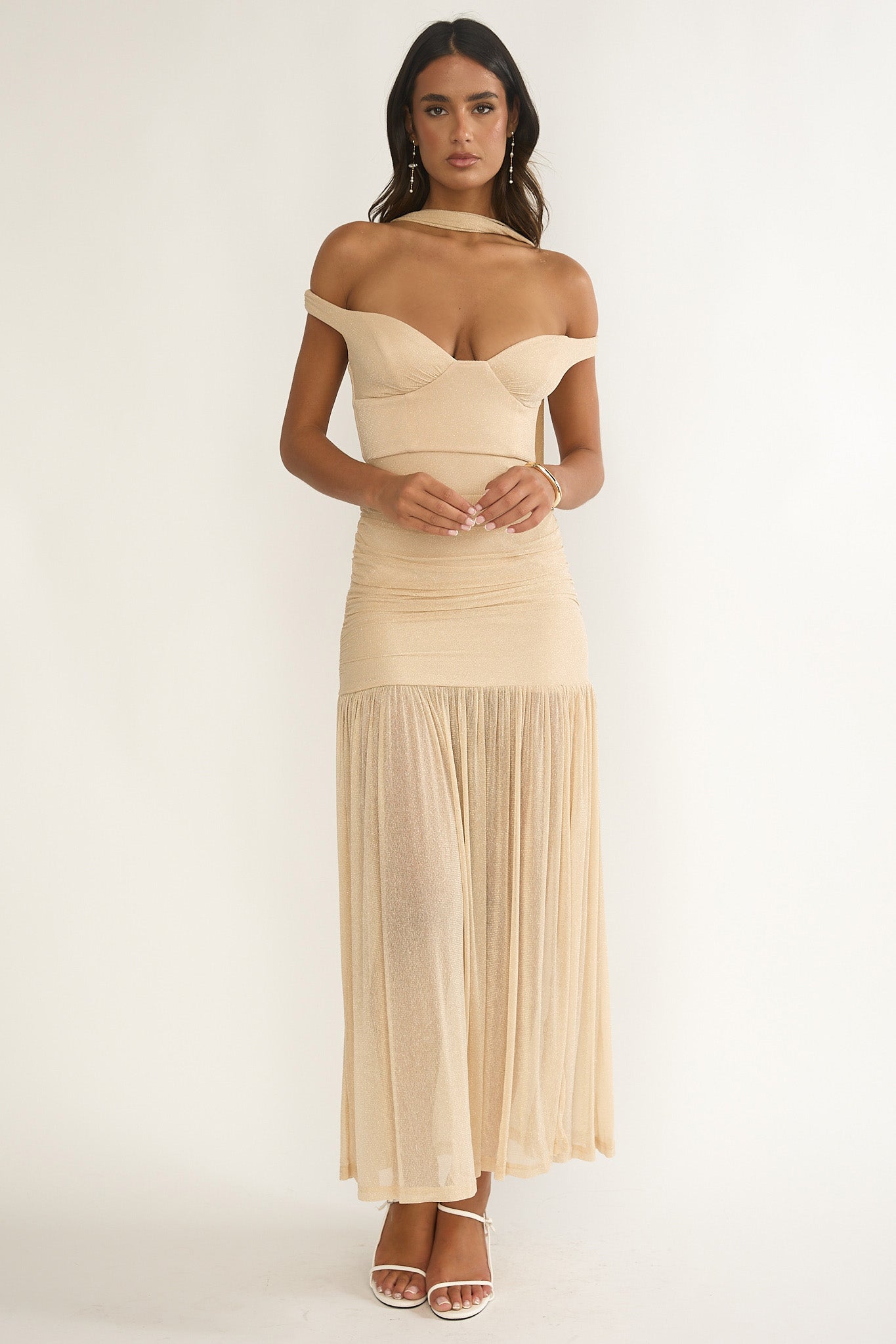 Delora Off-Shoulder Scarf Maxi Dress Beige-Maymioy