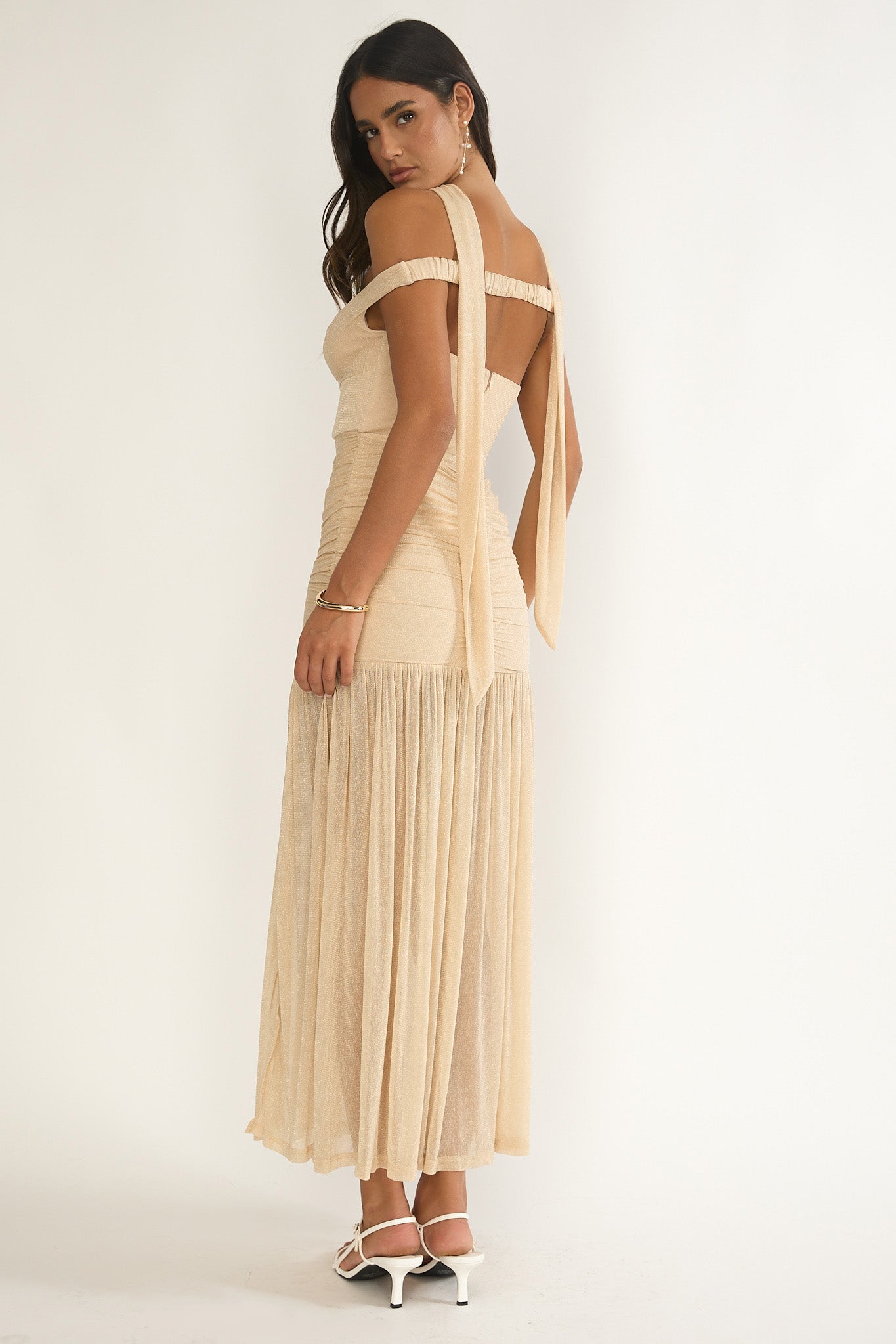Delora Off-Shoulder Scarf Maxi Dress Beige-Maymioy