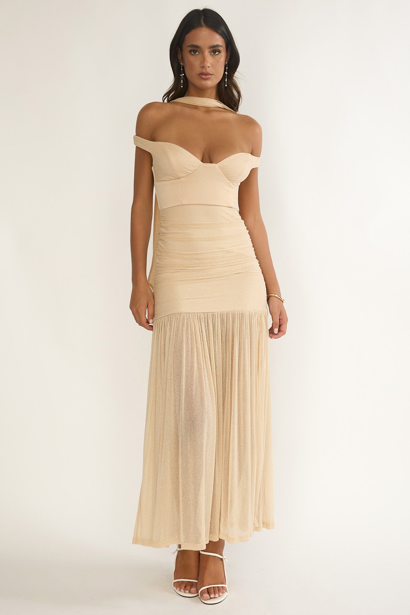 Delora Off-Shoulder Scarf Maxi Dress Beige-Maymioy