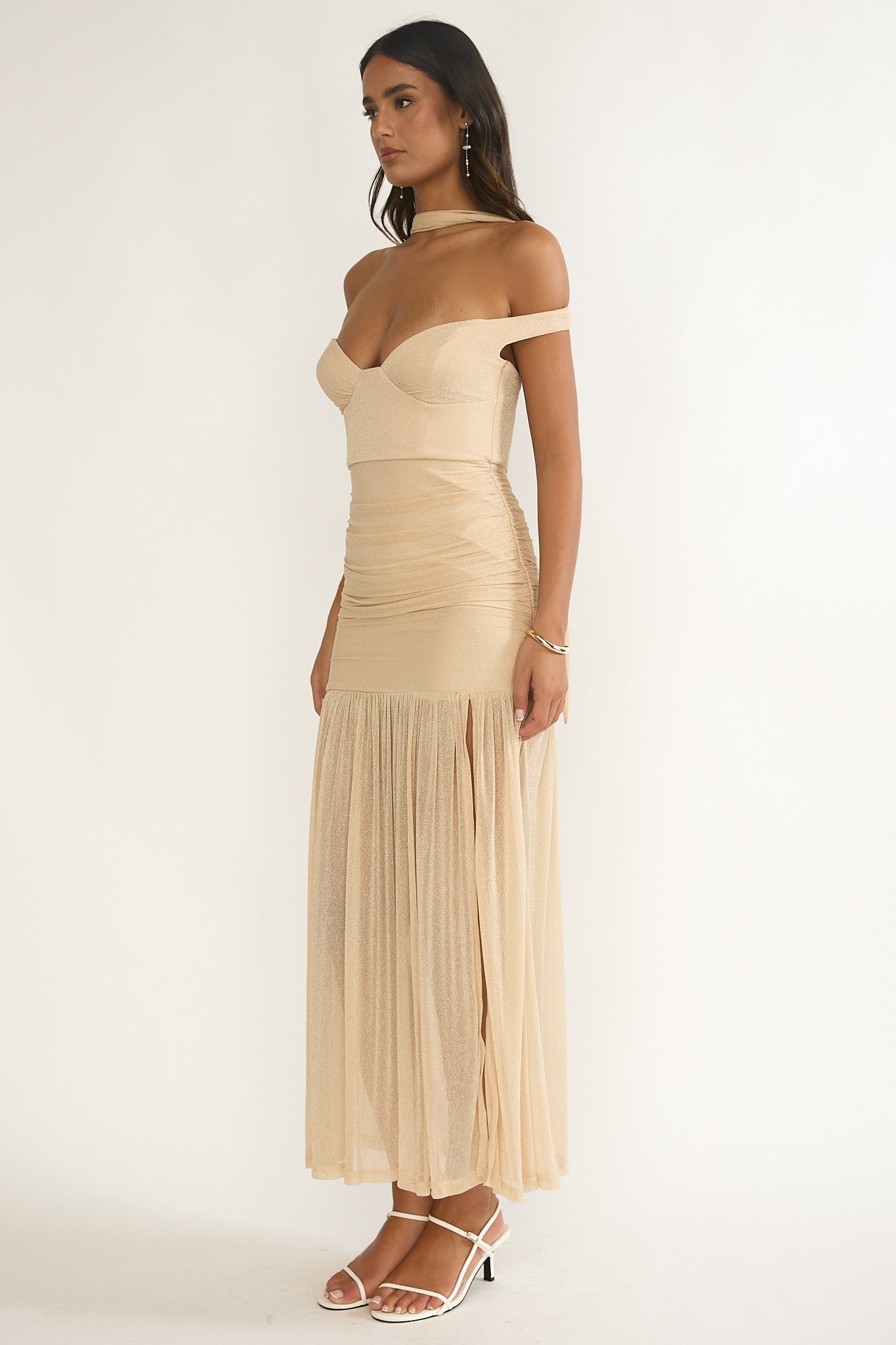 Delora Off-Shoulder Scarf Maxi Dress Beige-Maymioy
