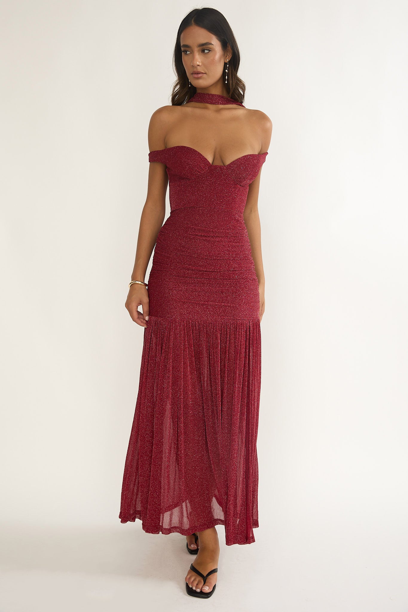 Delora Off-Shoulder Scarf Maxi Dress Red-Maymioy