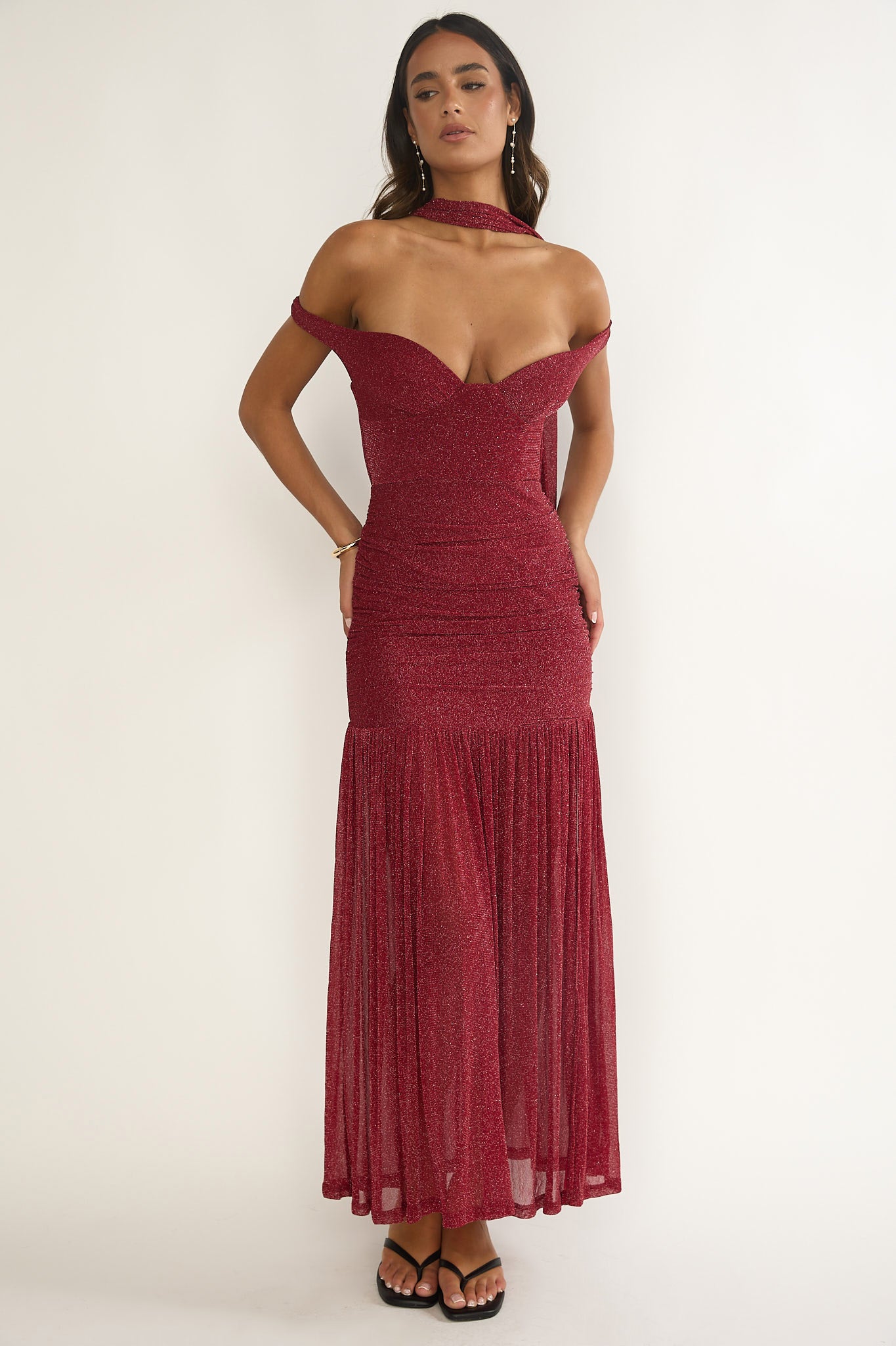 Delora Off-Shoulder Scarf Maxi Dress Red-Maymioy