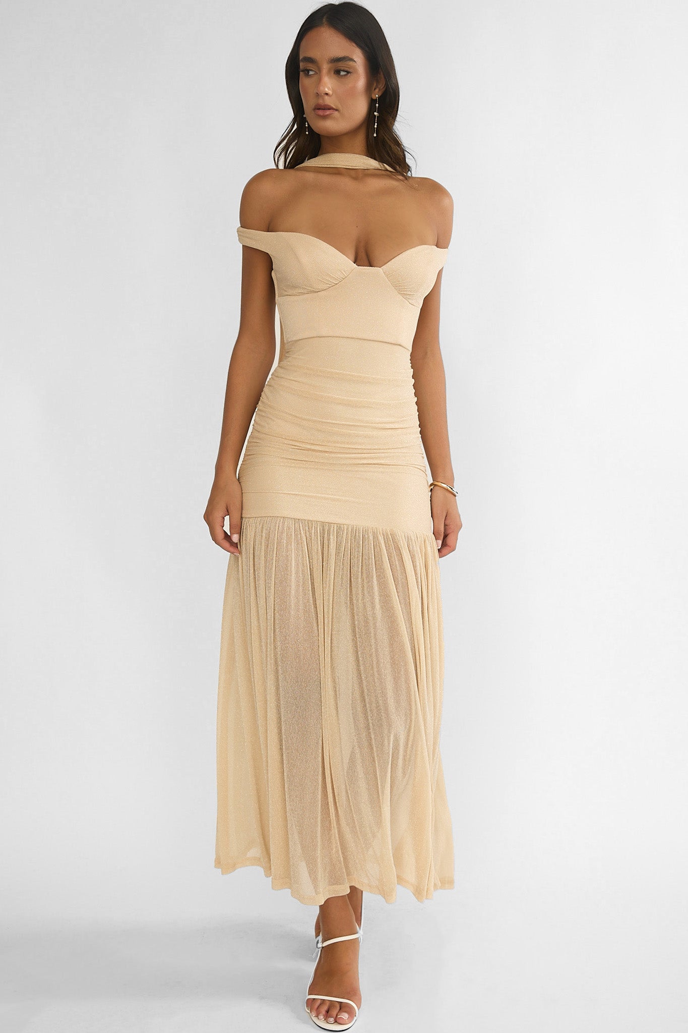Delora Off-Shoulder Scarf Maxi Dress Beige-Maymioy