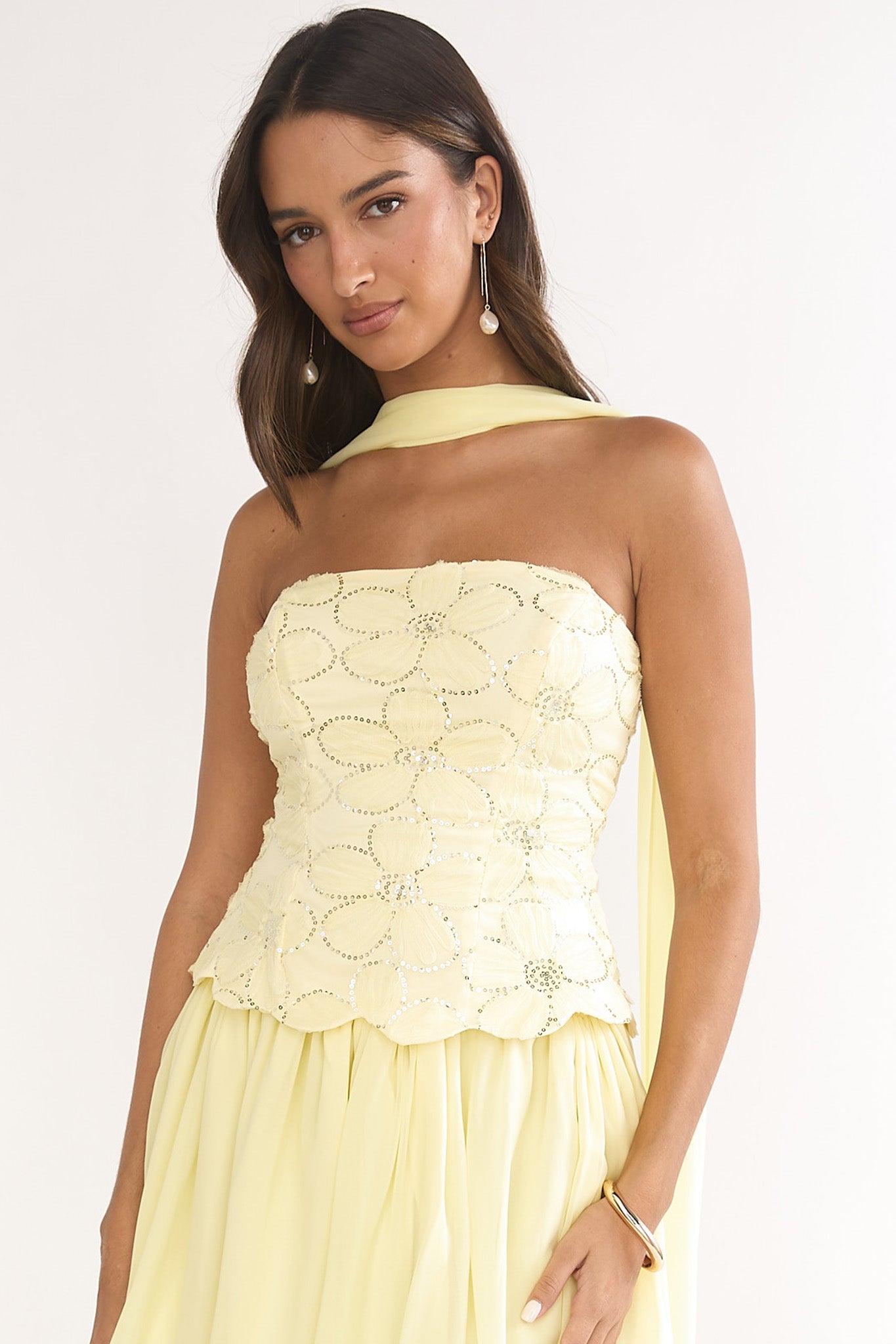 Sunset Serenade Embellished Strapless Top Yellow-Maymioy