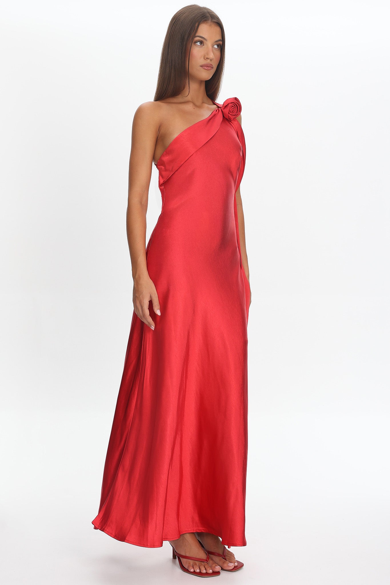 Star Fall One-Shoulder Rosette Maxi Dress Red-Maymioy