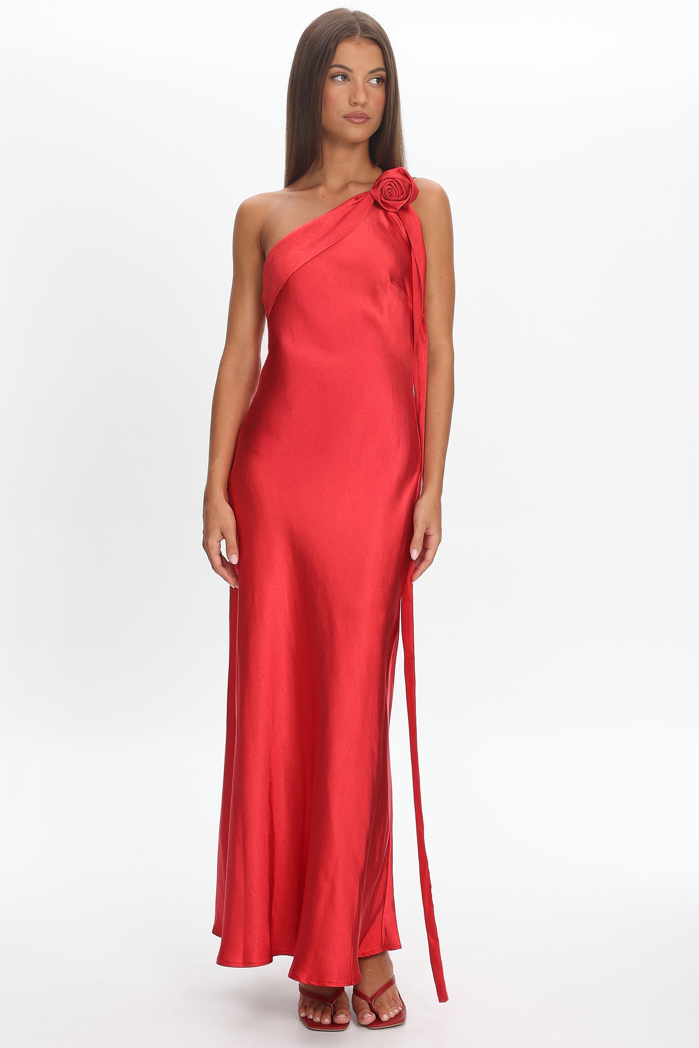 Star Fall One-Shoulder Rosette Maxi Dress Red-Maymioy