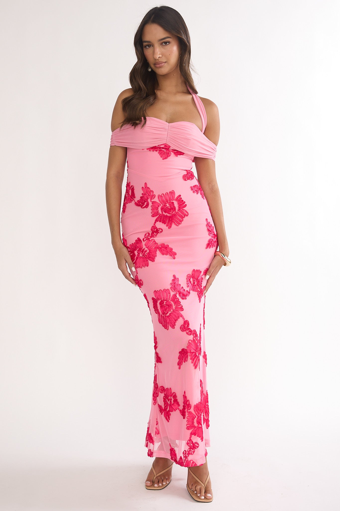 Fleurie Halter Off-Shoulder Maxi Dress Embellished Pink-Maymioy