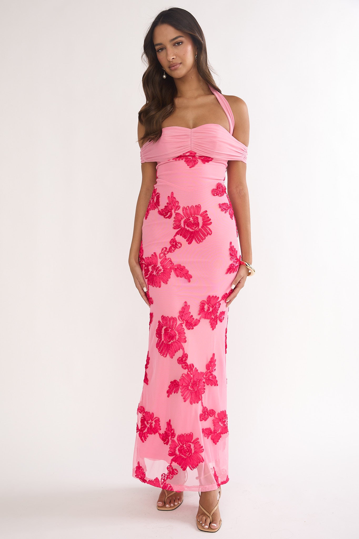 Fleurie Halter Off-Shoulder Maxi Dress Embellished Pink-Maymioy