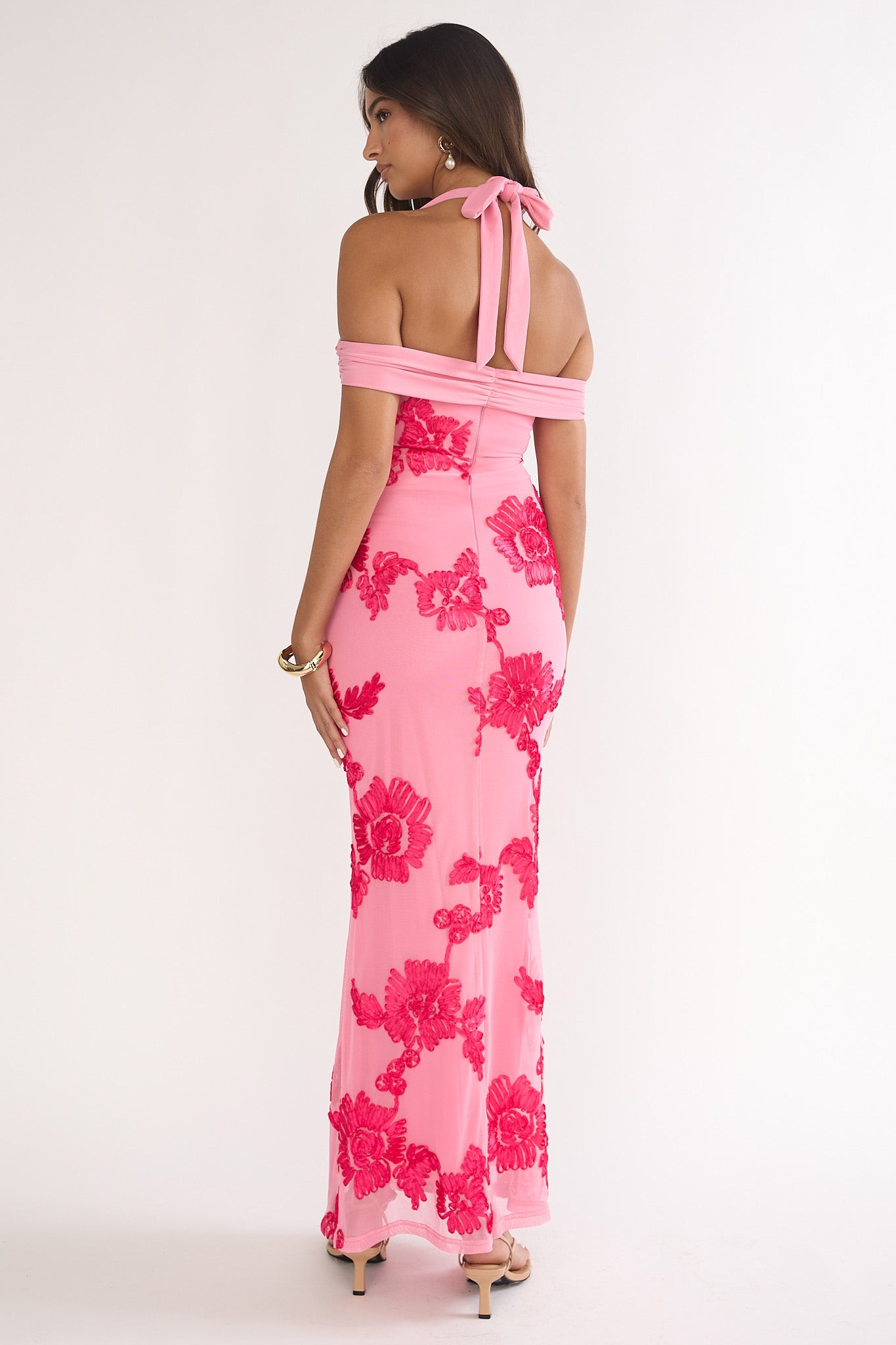 Fleurie Halter Off-Shoulder Maxi Dress Embellished Pink-Maymioy