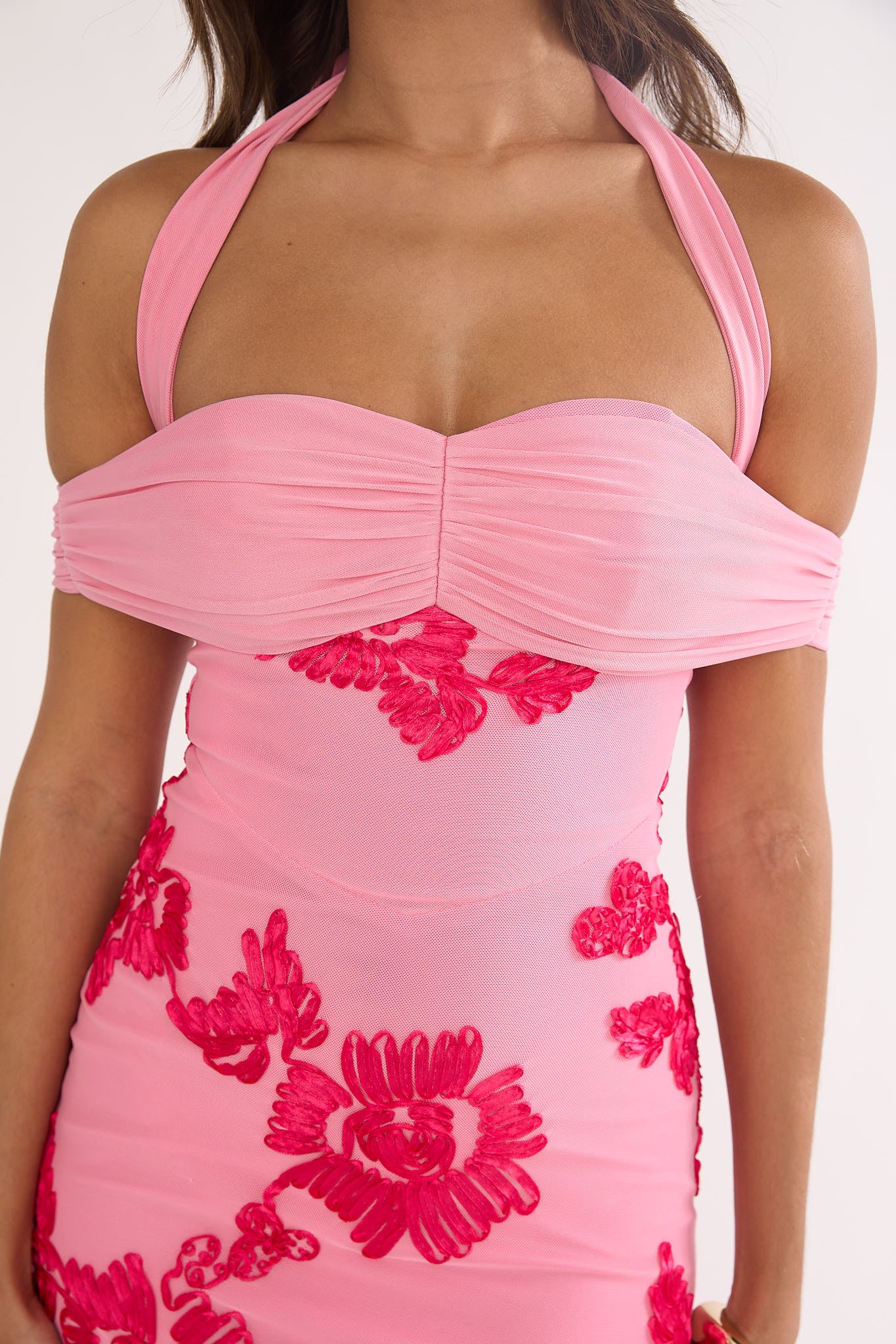 Fleurie Halter Off-Shoulder Maxi Dress Embellished Pink-Maymioy